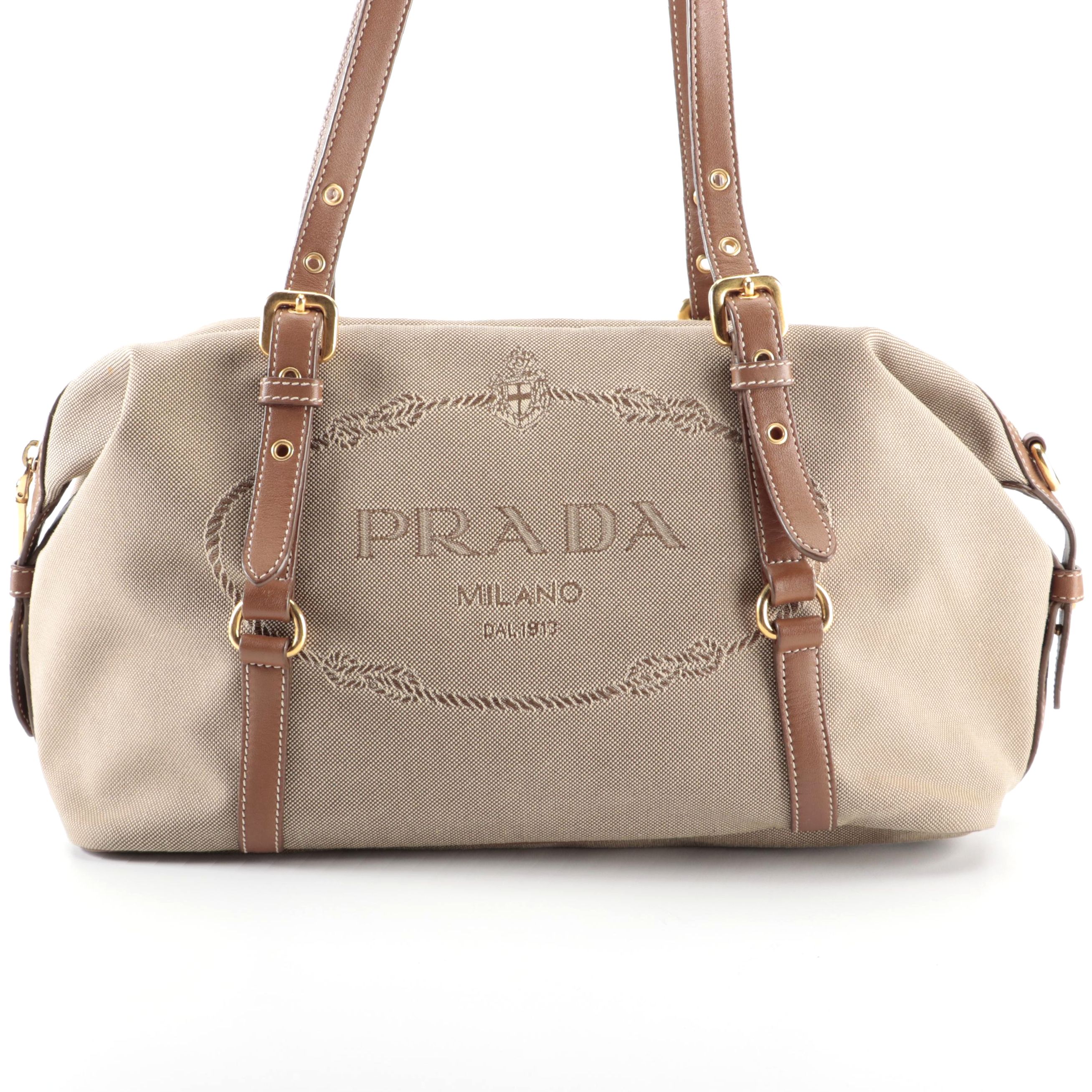 Prada Medium Bauletto Shoulder Bag in Logo Canvas with Brown Leather Trim