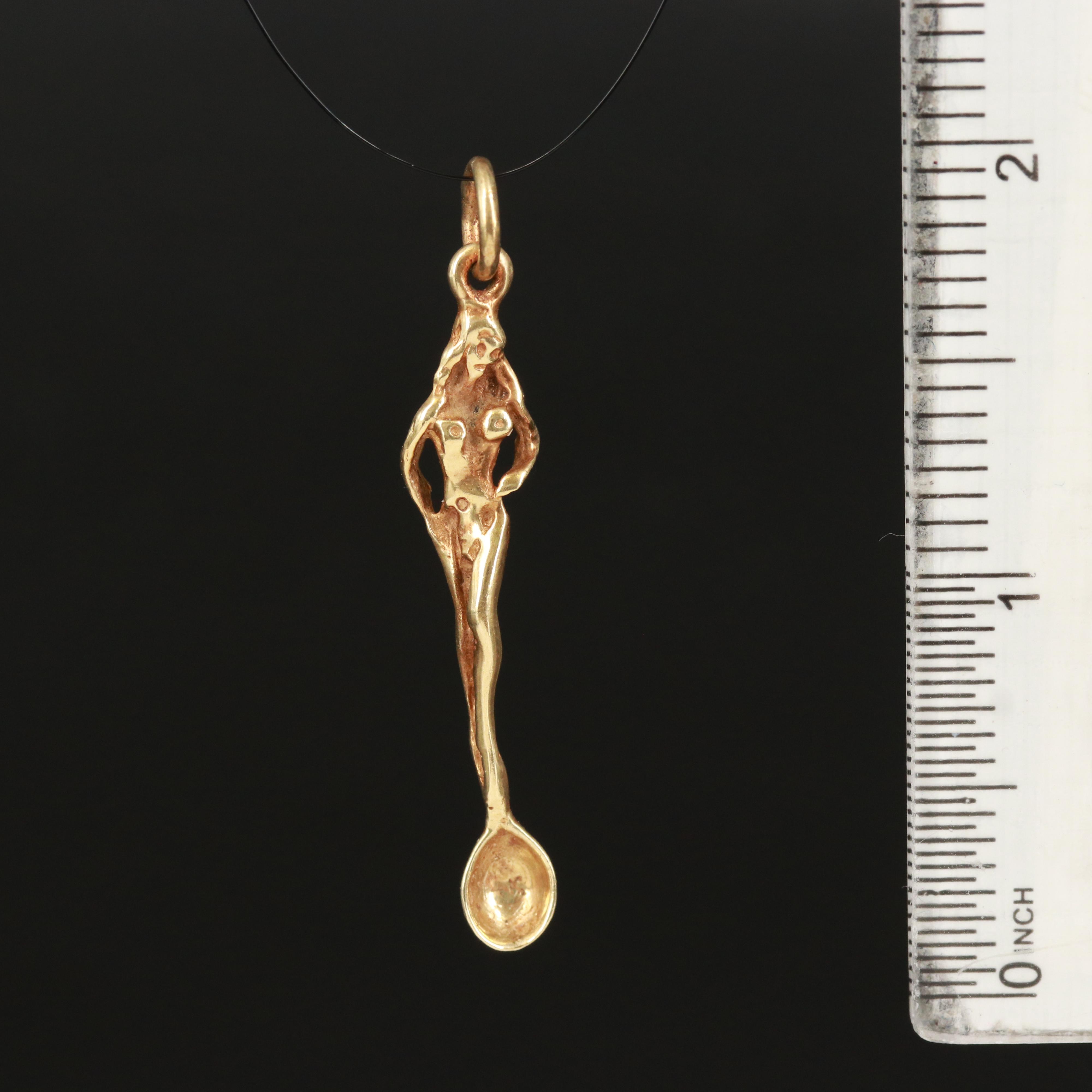 14K Snuff Spoon Pendant with Feminine Figure Design