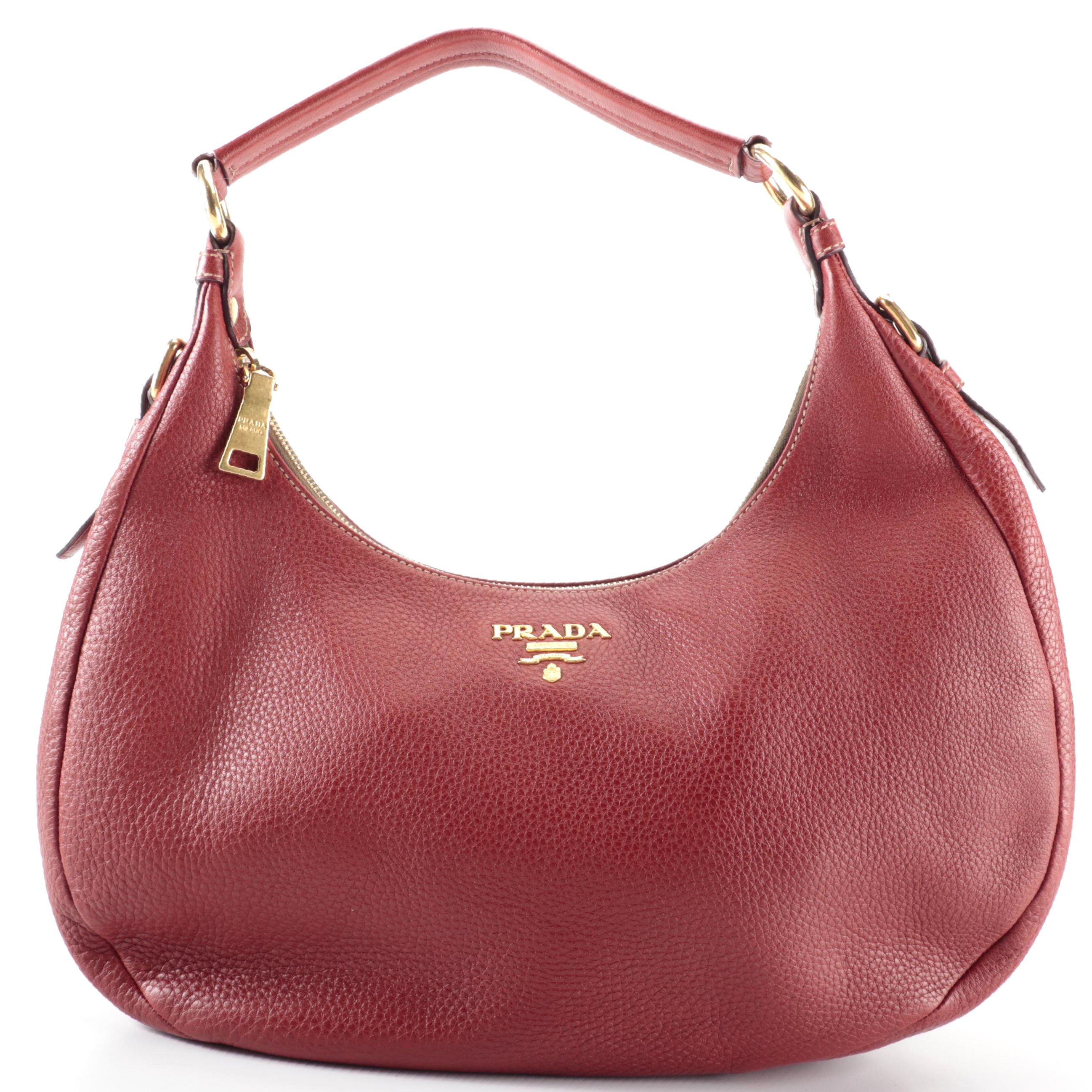 Prada Zip Top Hobo Bag in Red Vitello Daino Leather