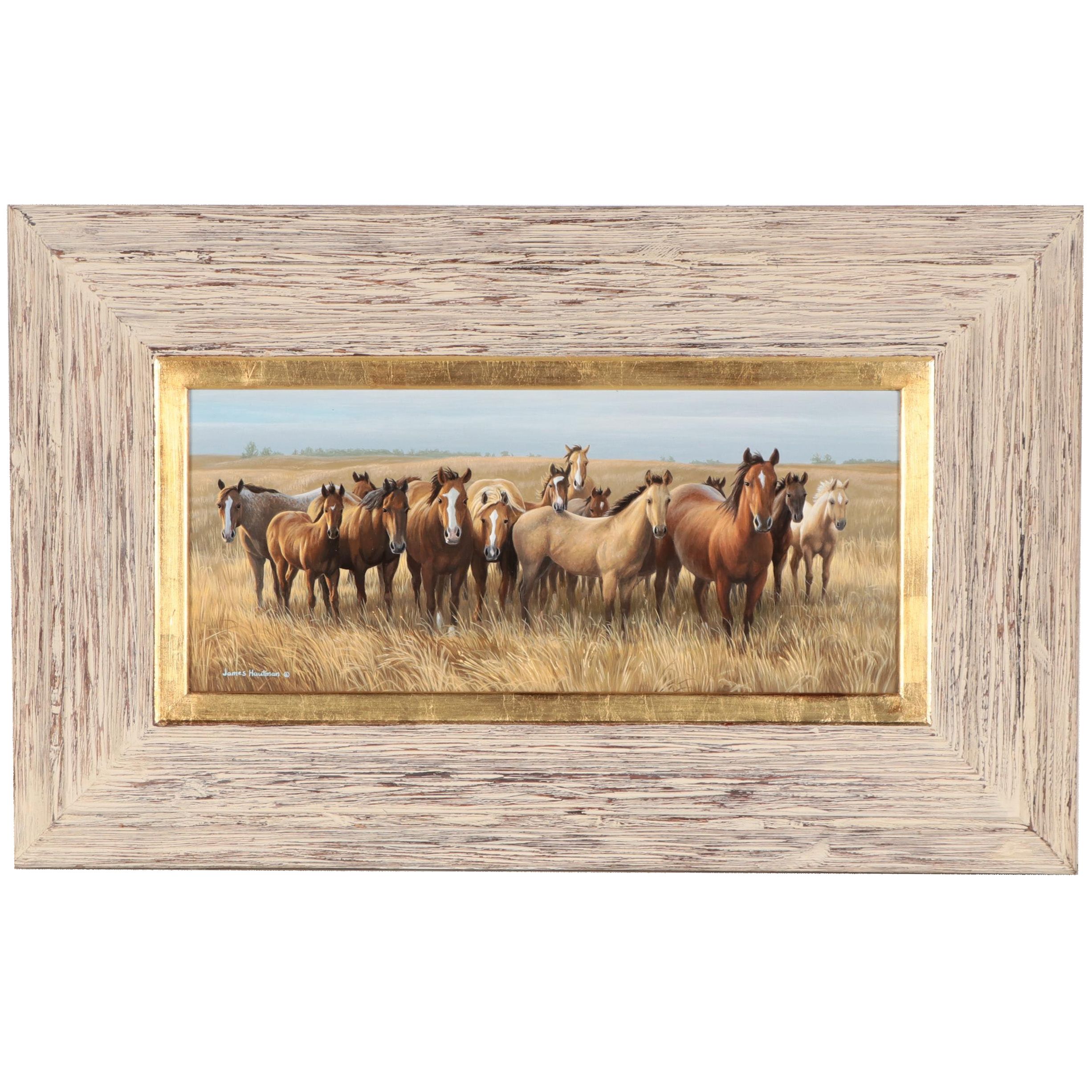 Jim Hautman Wildlife Oil Painting of Horses, Circa 2000