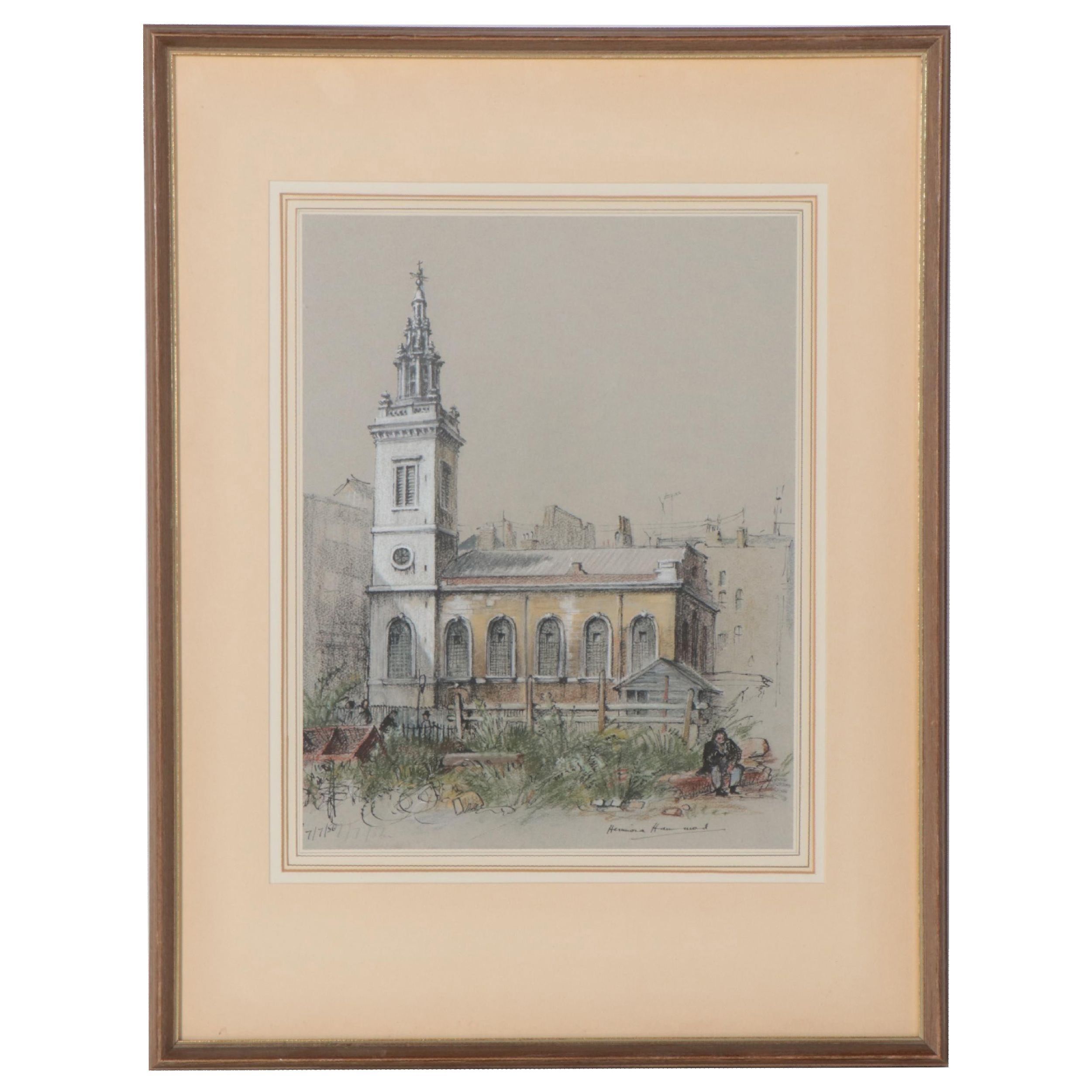 Hermione Hammond Pastel and Ink Drawing of St. Michael Paternoster Royal, 1956