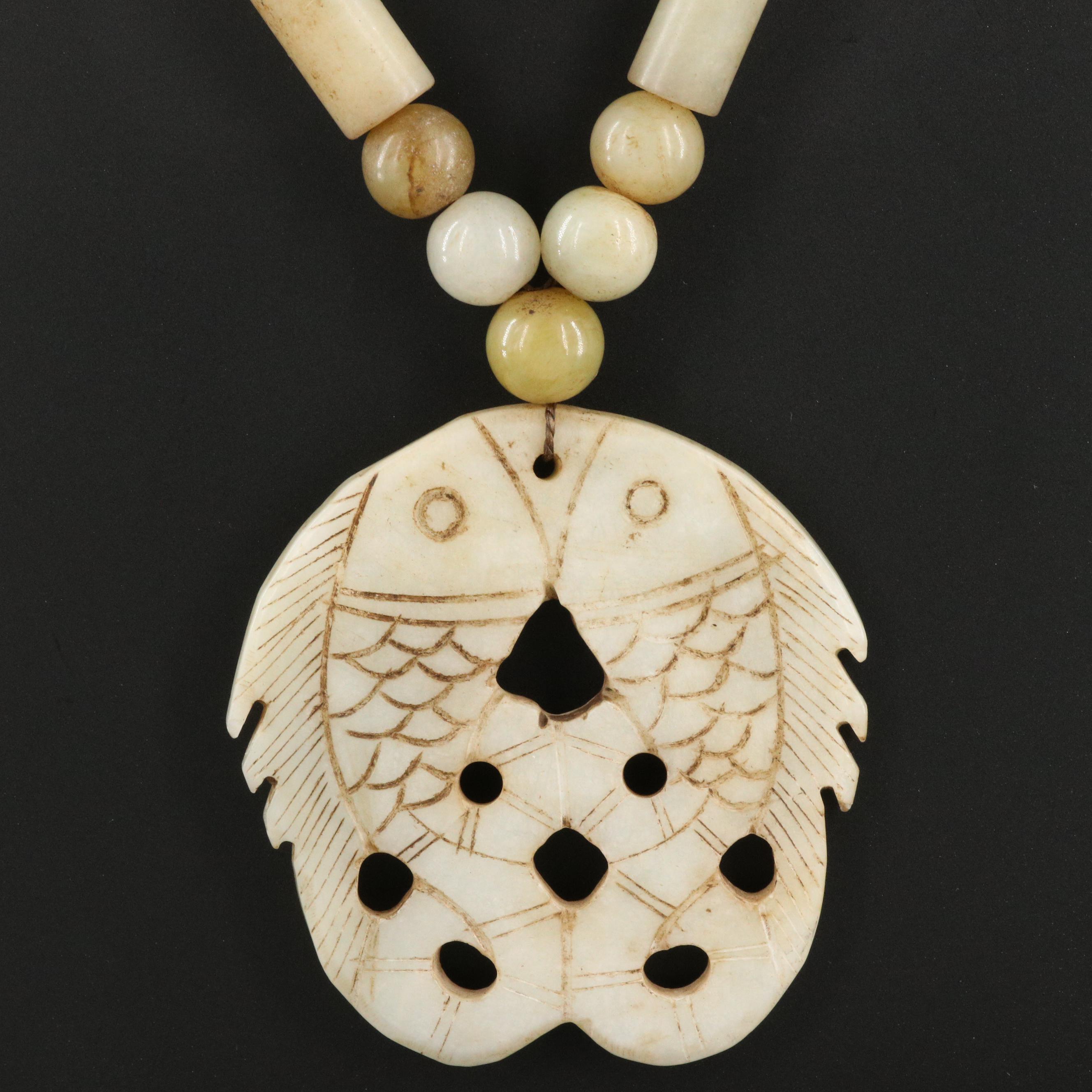 Serpentine Carved Drop and Beaded Necklace