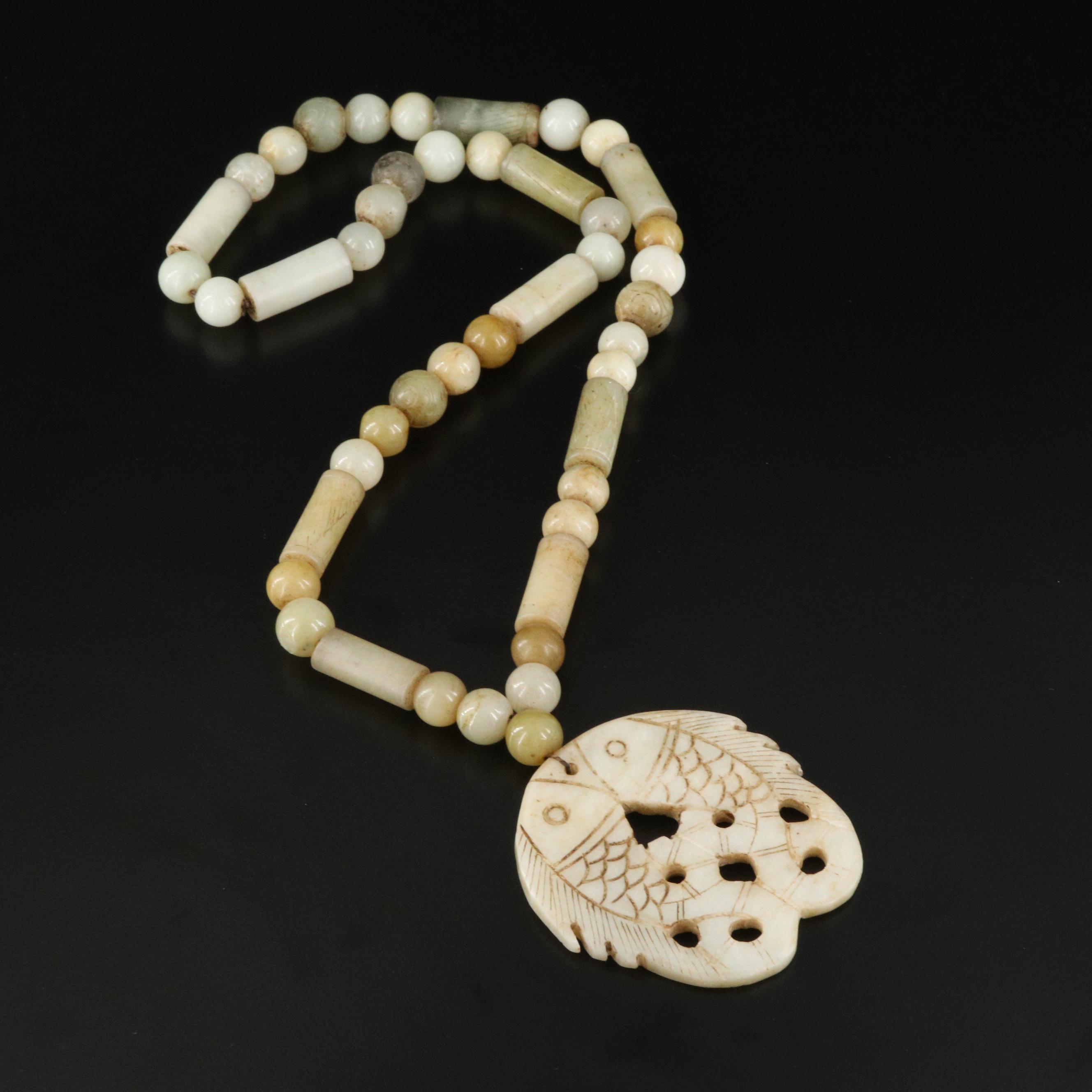 Serpentine Carved Drop and Beaded Necklace