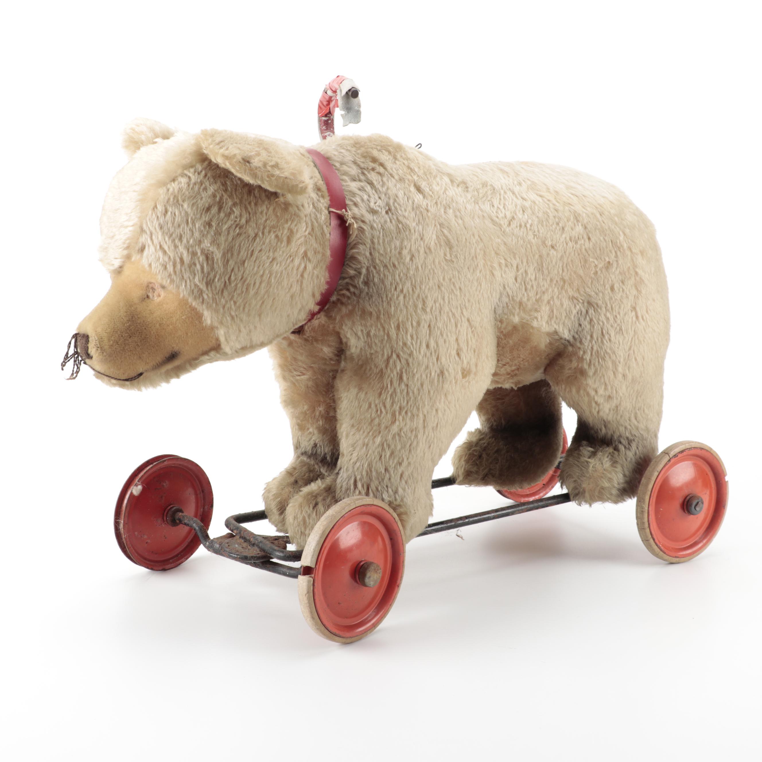 Steiff Beige, Mohair Teddy Bear Ride on Toy with Swiveling Front Wheels, Vintage
