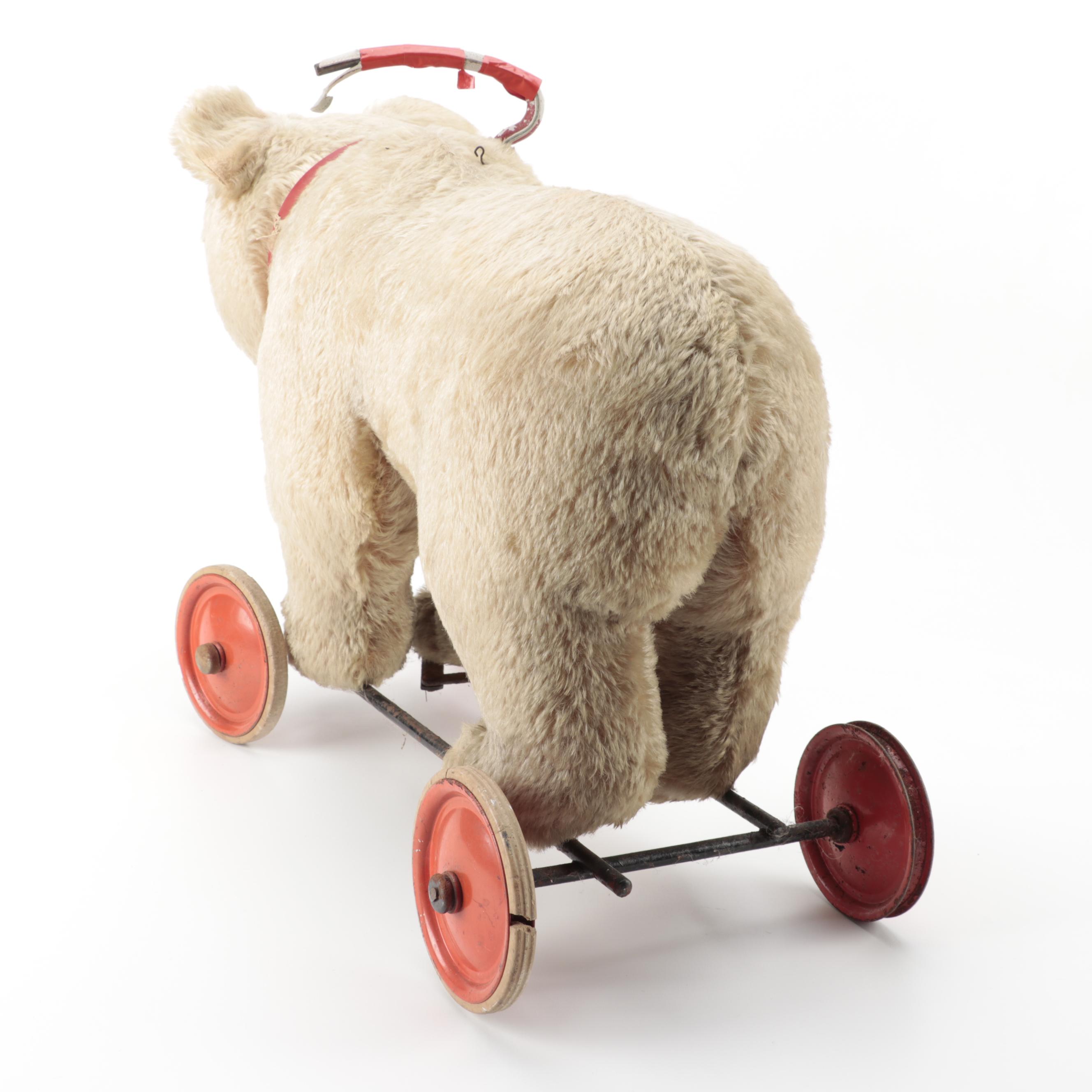 Steiff Beige, Mohair Teddy Bear Ride on Toy with Swiveling Front Wheels, Vintage
