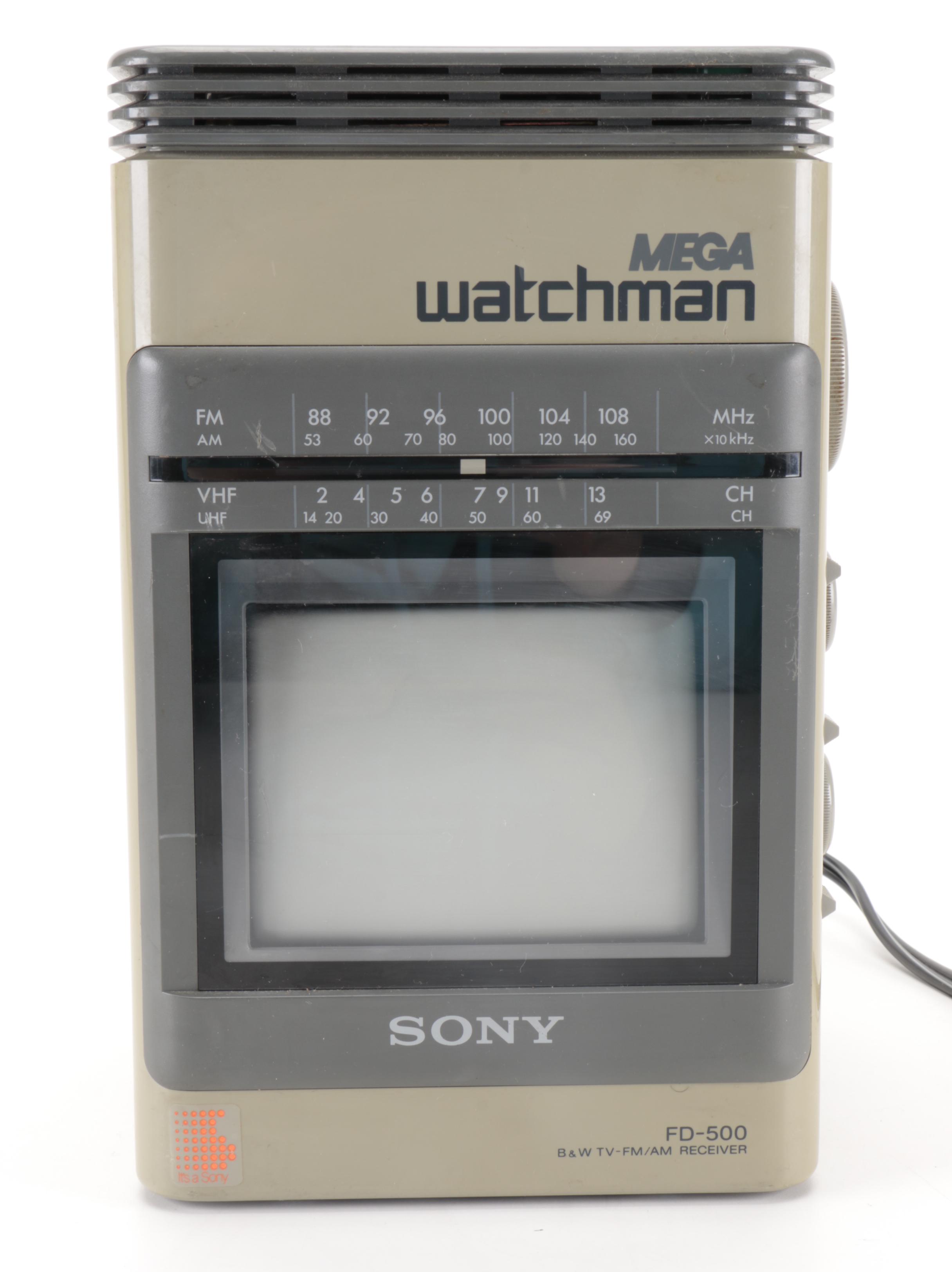 Sony Mega Watchman Black and White TV, FM/AM Receiver, 1988
