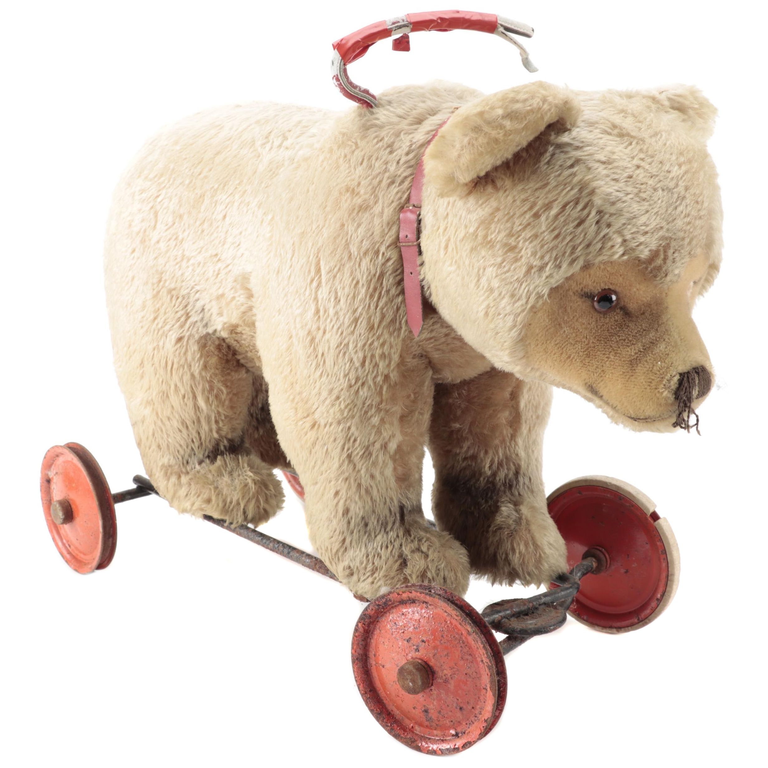 Steiff Beige, Mohair Teddy Bear Ride on Toy with Swiveling Front Wheels, Vintage