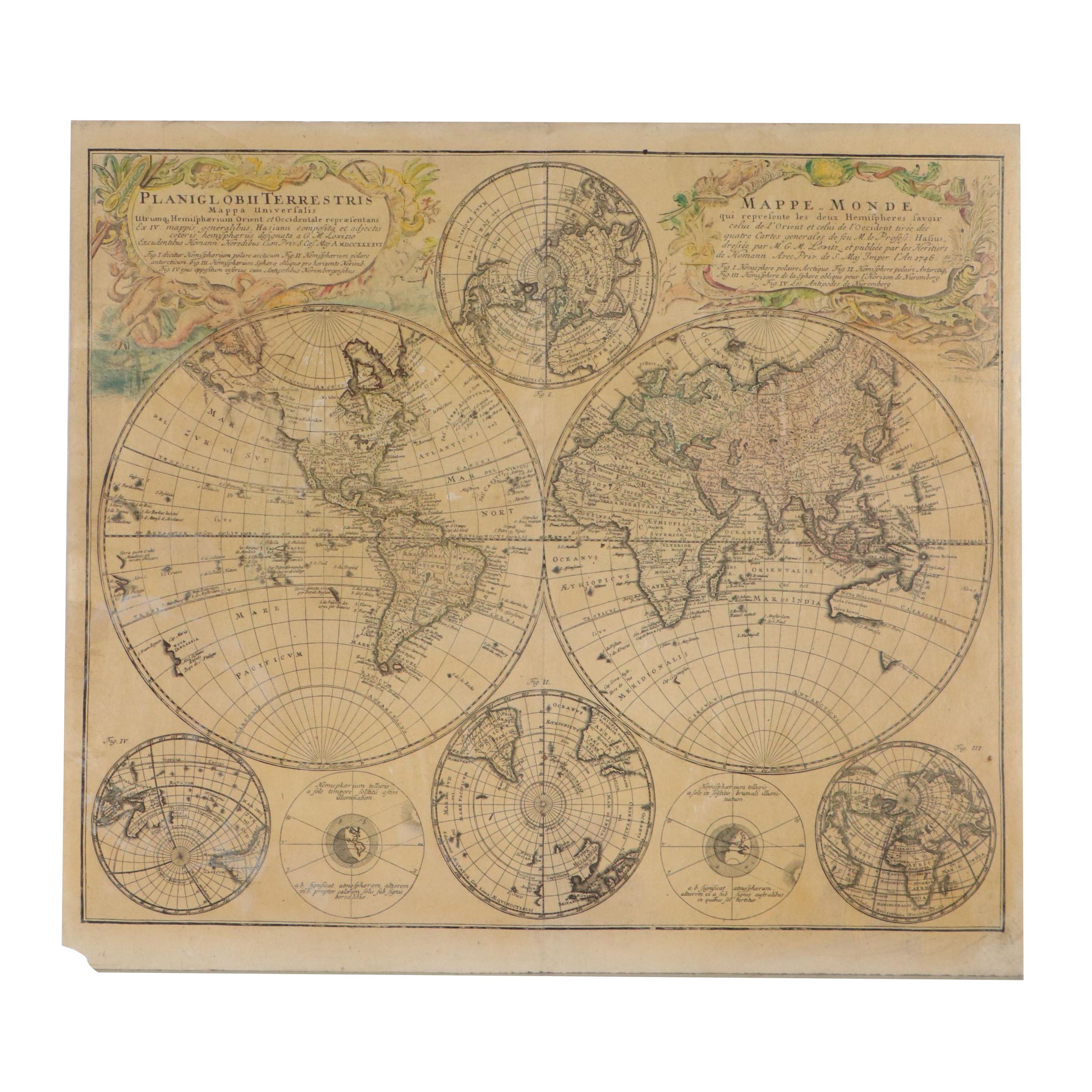 Homann Heirs Hand-Colored Map "Planiglobii Terrestris Mappa Universalis"