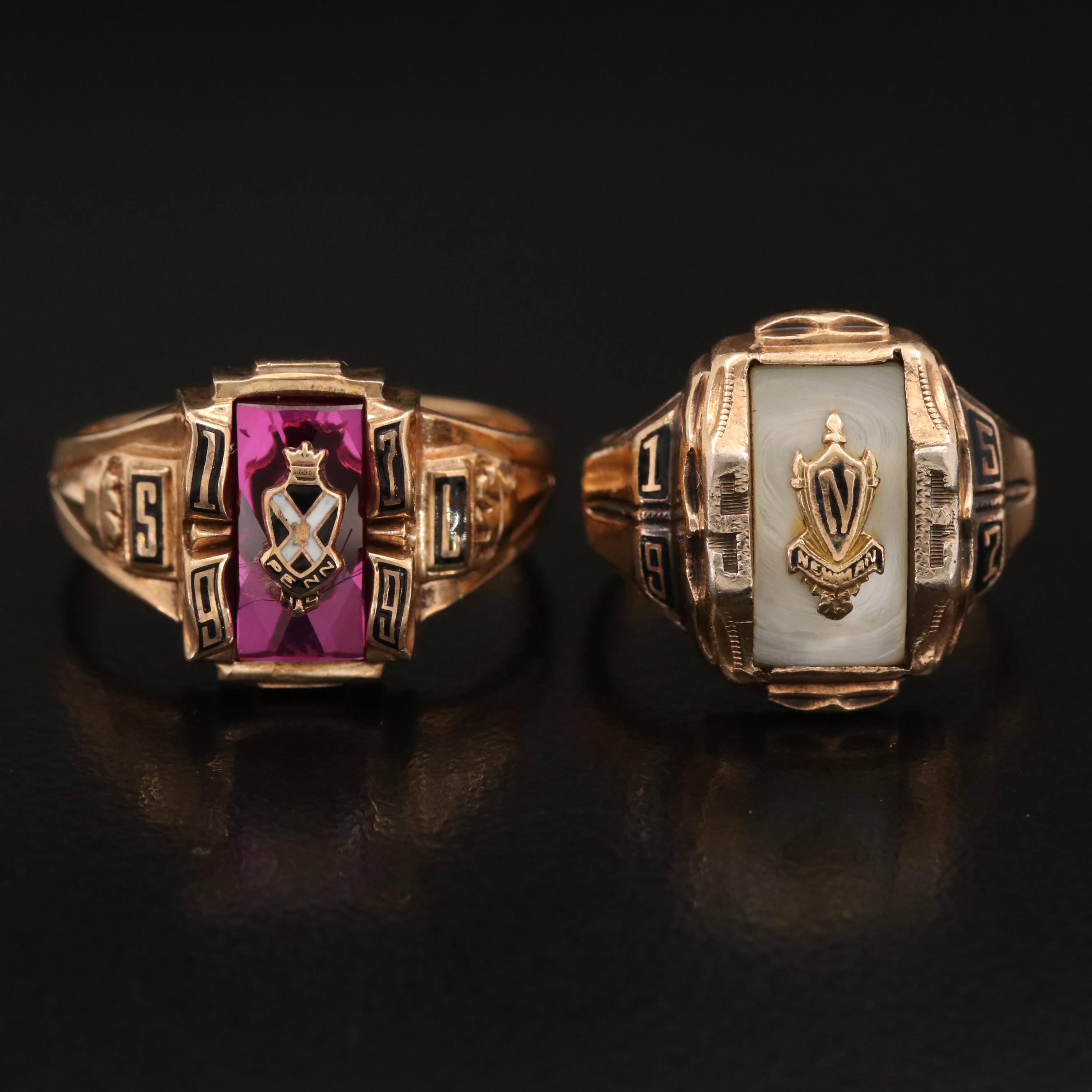 10K Ruby and Mother of Pearl Class Rings with Enamel Accents