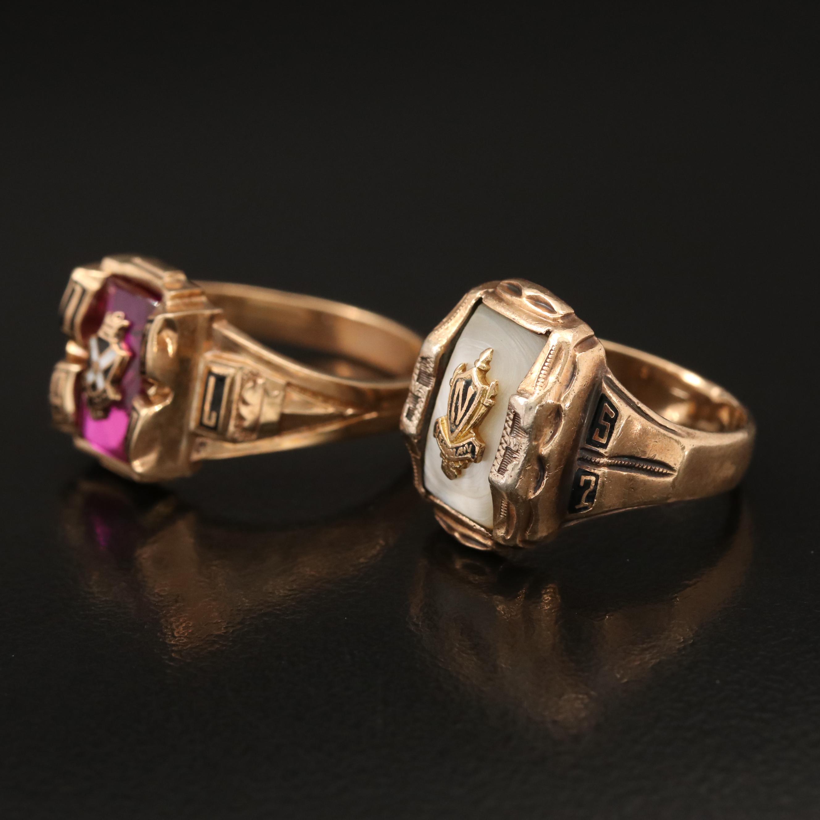 10K Ruby and Mother of Pearl Class Rings with Enamel Accents
