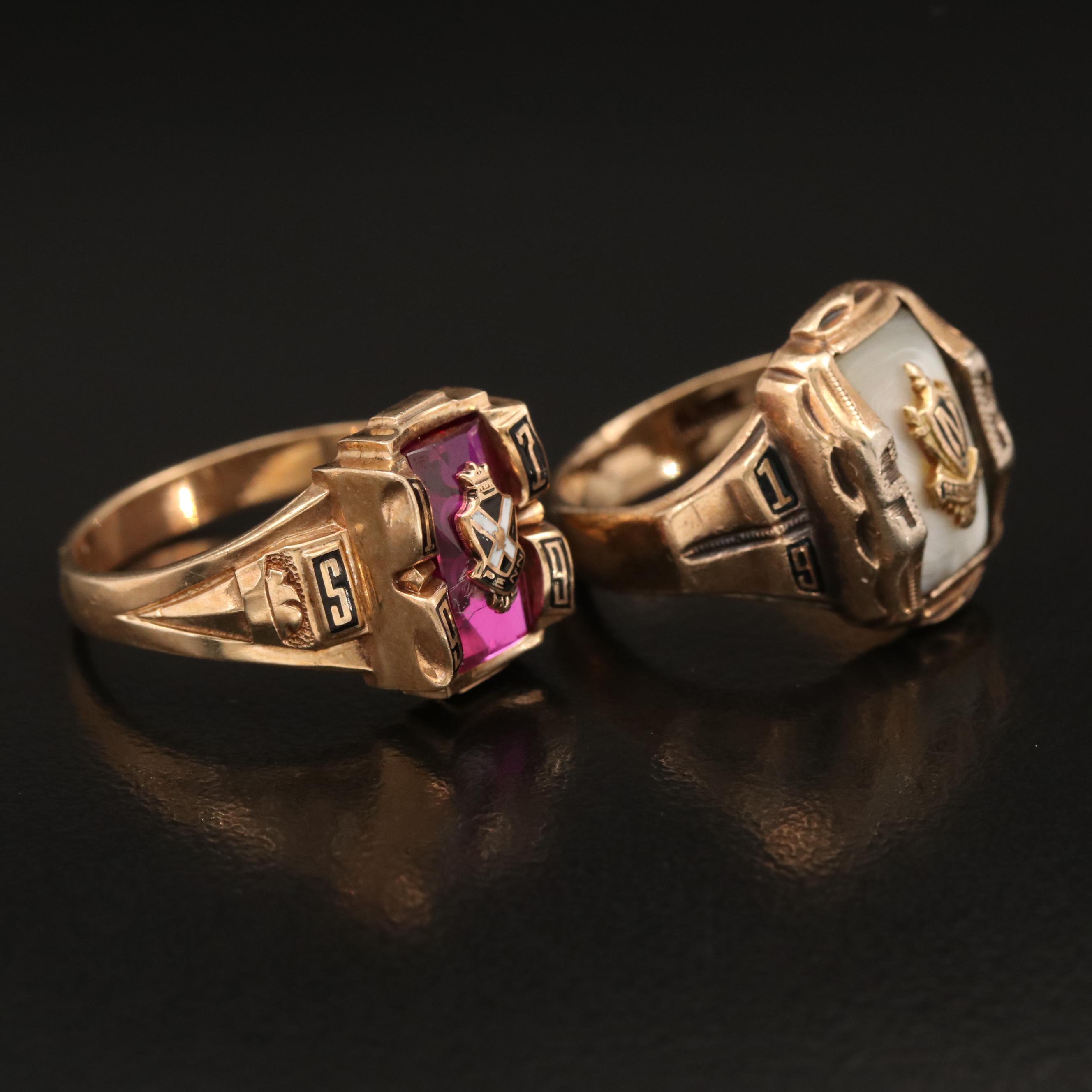 10K Ruby and Mother of Pearl Class Rings with Enamel Accents