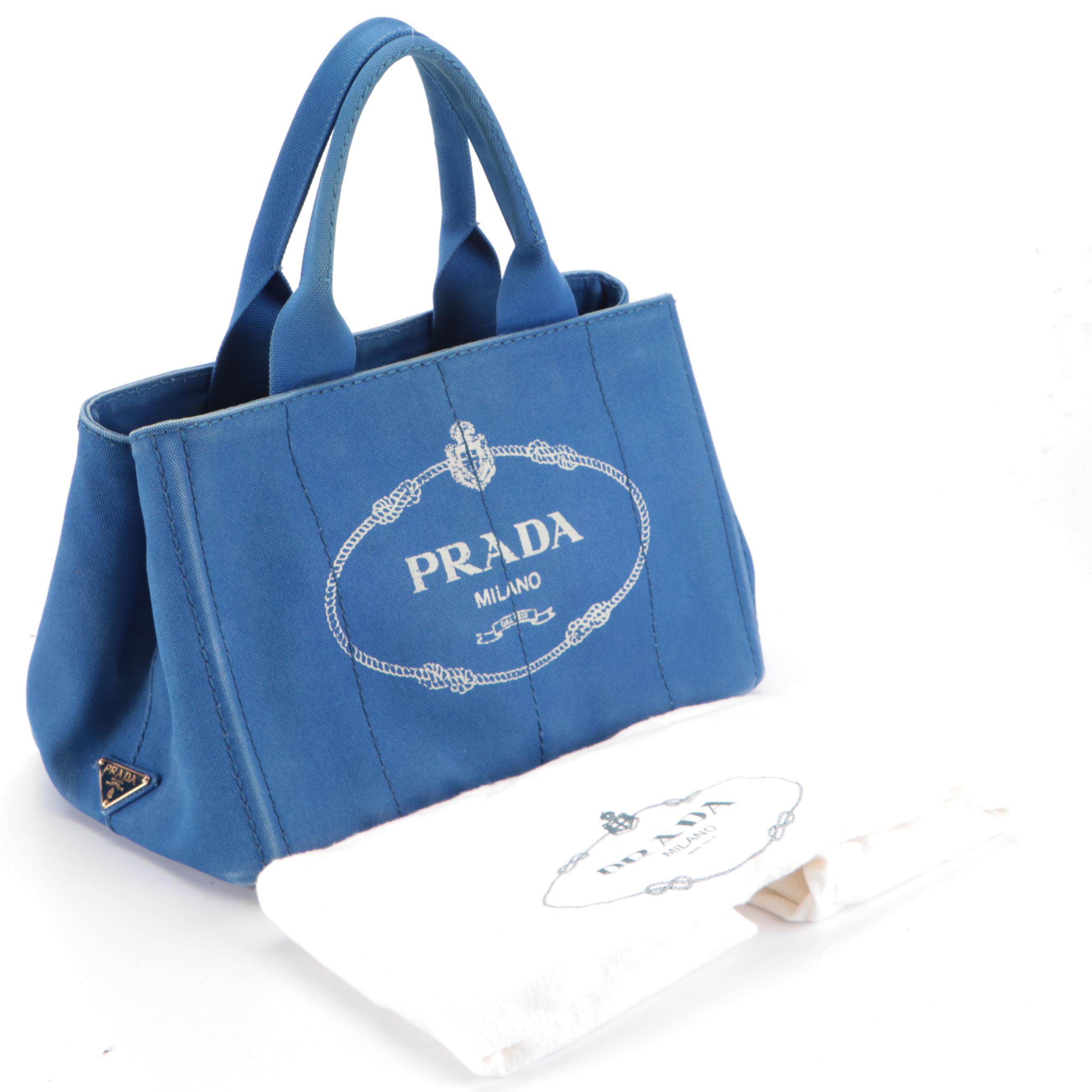 Prada Canapa Canvas Logo-Print Medium Tote Bag in Blue