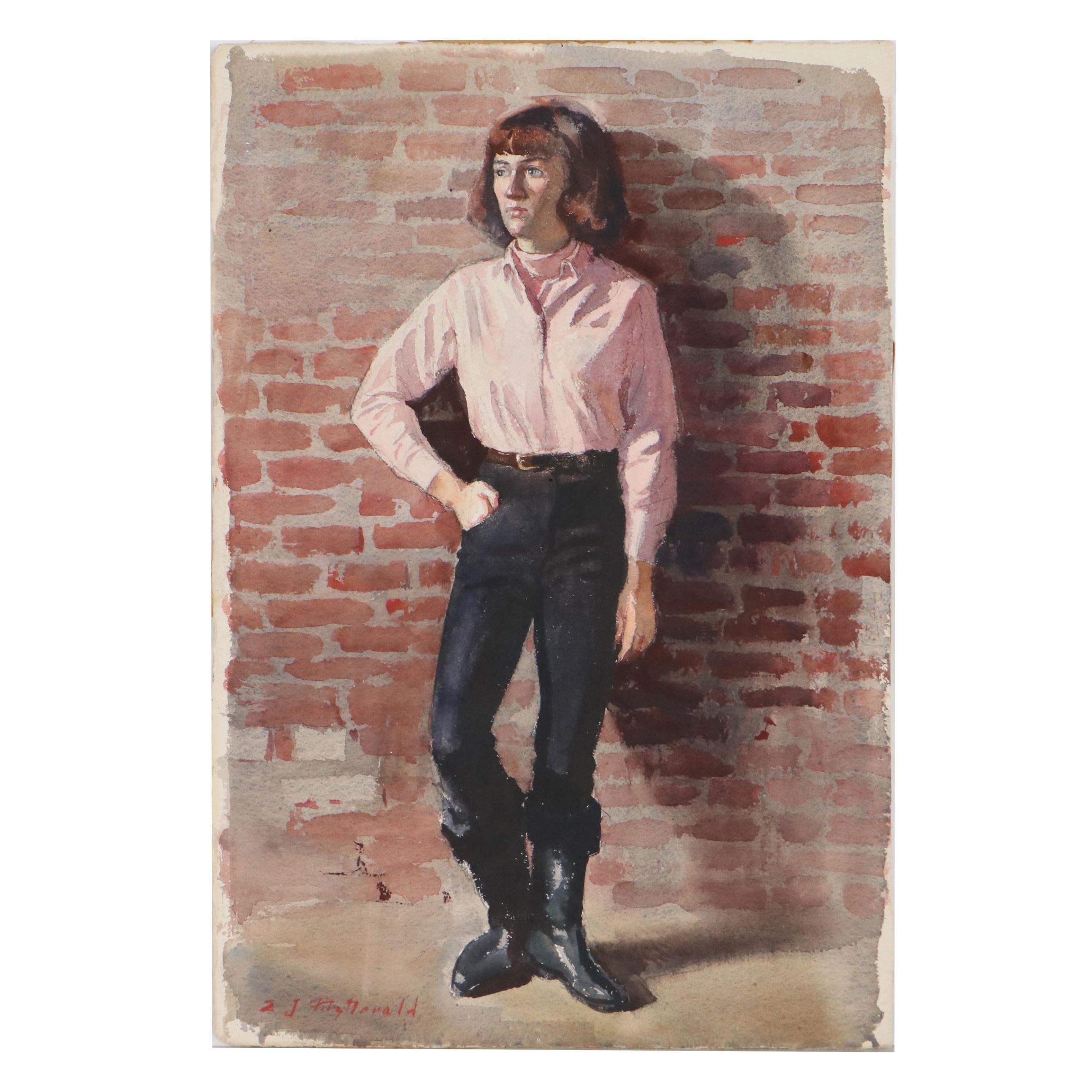 Edmond J. Fitzgerald Portrait Watercolor Painting of Young Woman