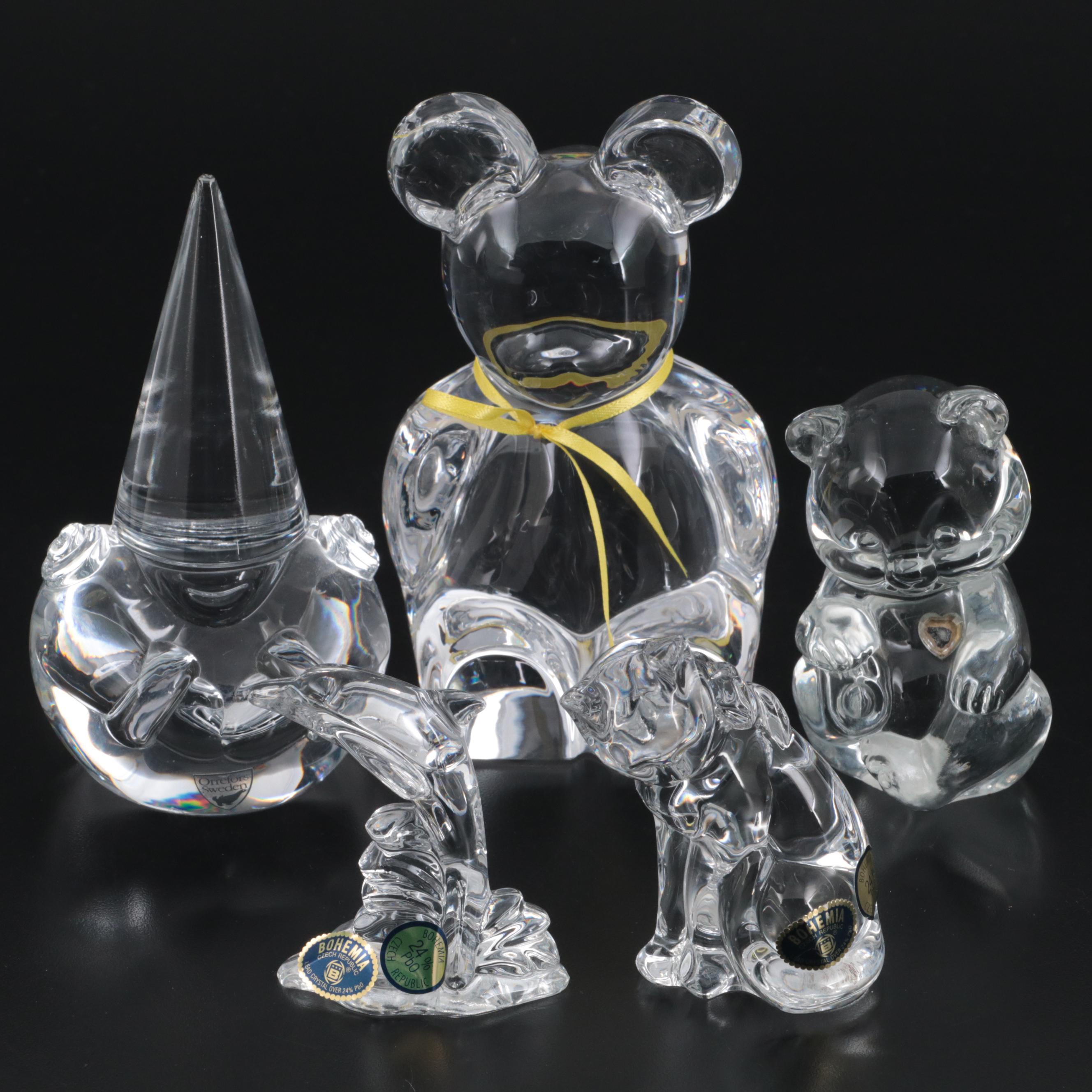 Orrefors Crystal Clown and Bear with Fenton Bear and Other Figurines