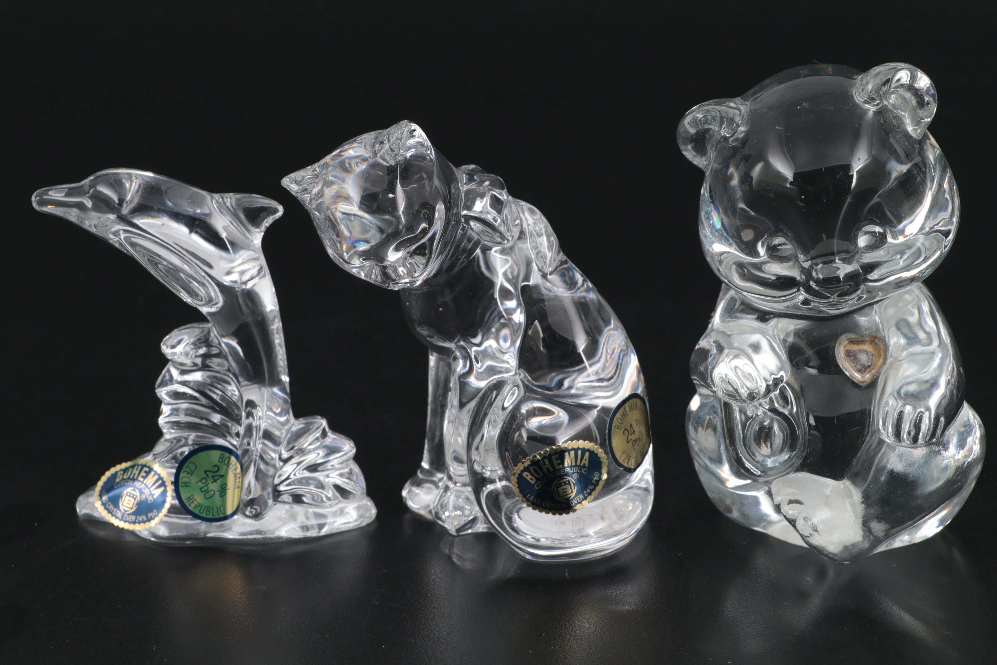 Orrefors Crystal Clown and Bear with Fenton Bear and Other Figurines