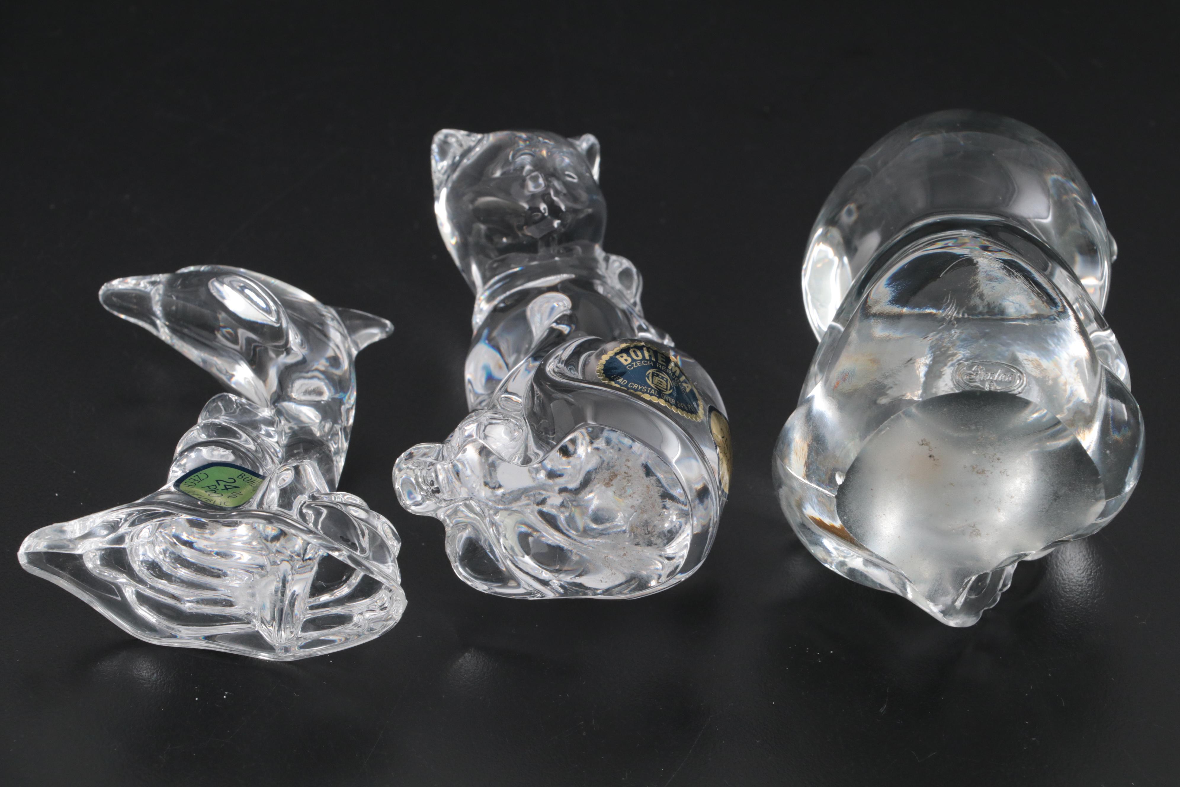 Orrefors Crystal Clown and Bear with Fenton Bear and Other Figurines