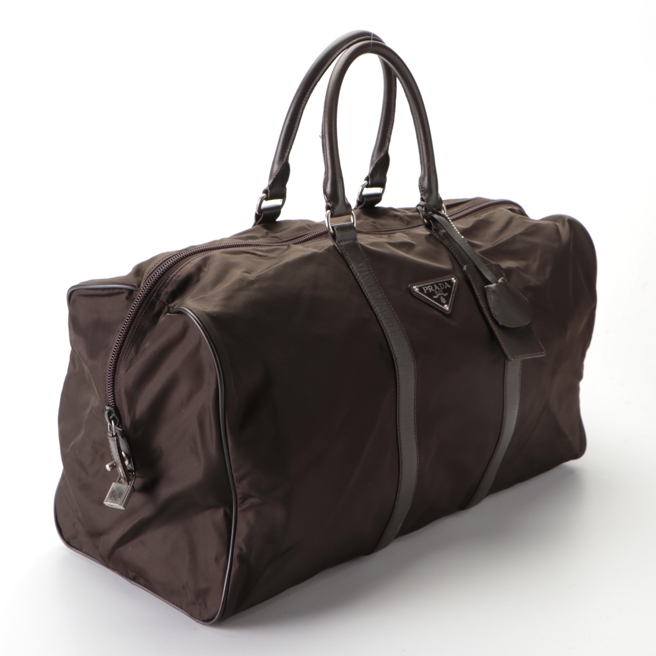 Prada Duffle Travel Bag in Dark Brown Nylon Tessuto and Saffiano Leather