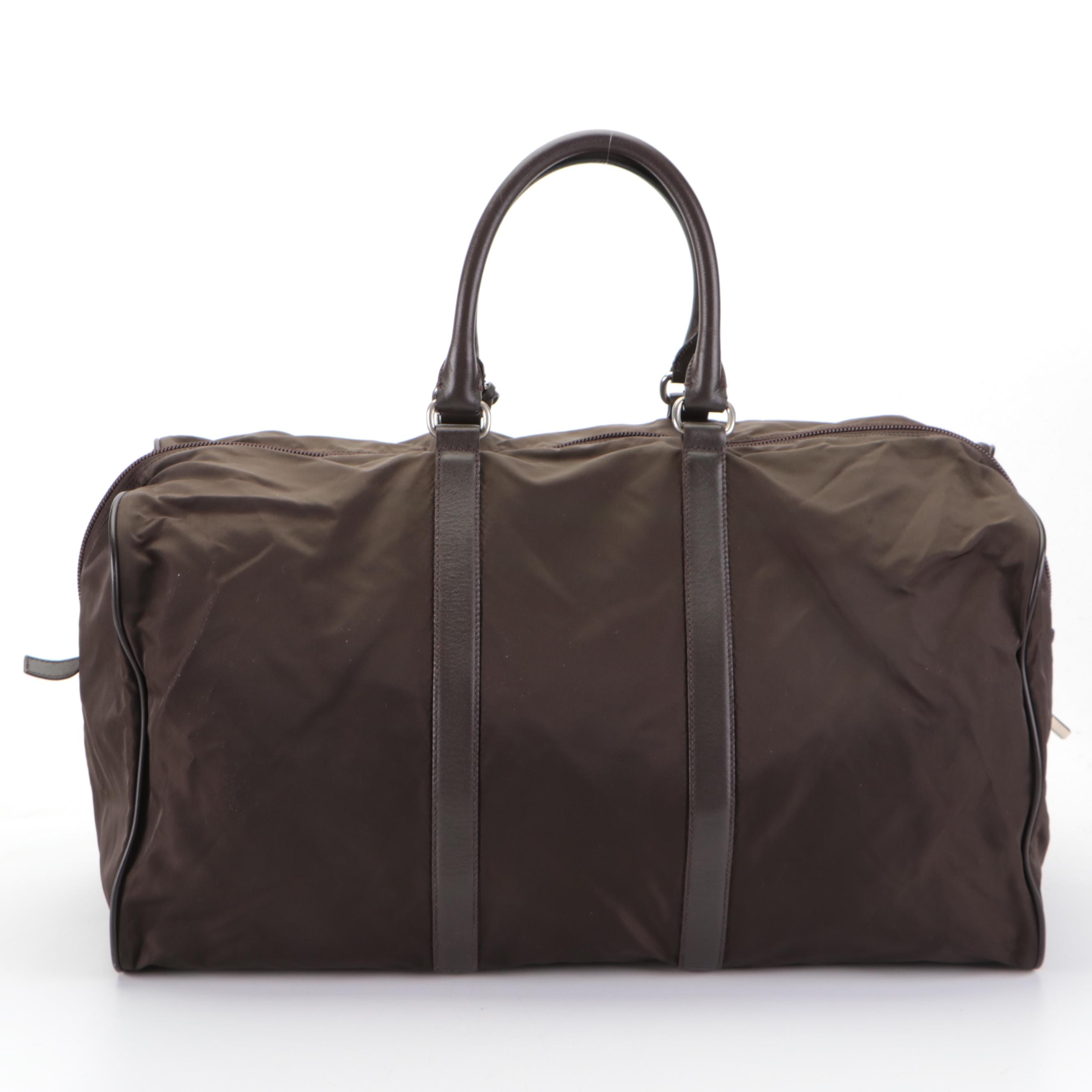 Prada Duffle Travel Bag in Dark Brown Nylon Tessuto and Saffiano Leather
