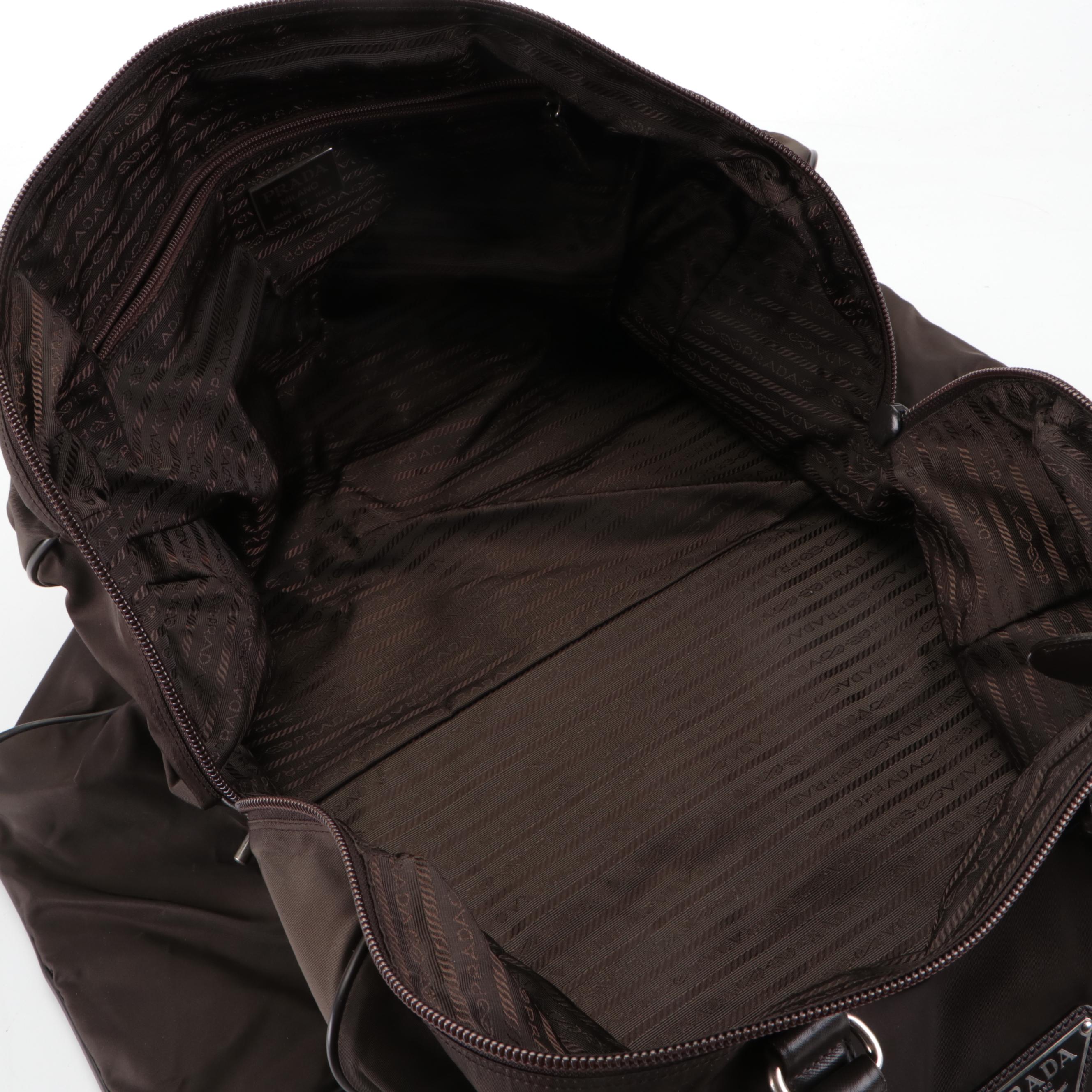 Prada Duffle Travel Bag in Dark Brown Nylon Tessuto and Saffiano Leather