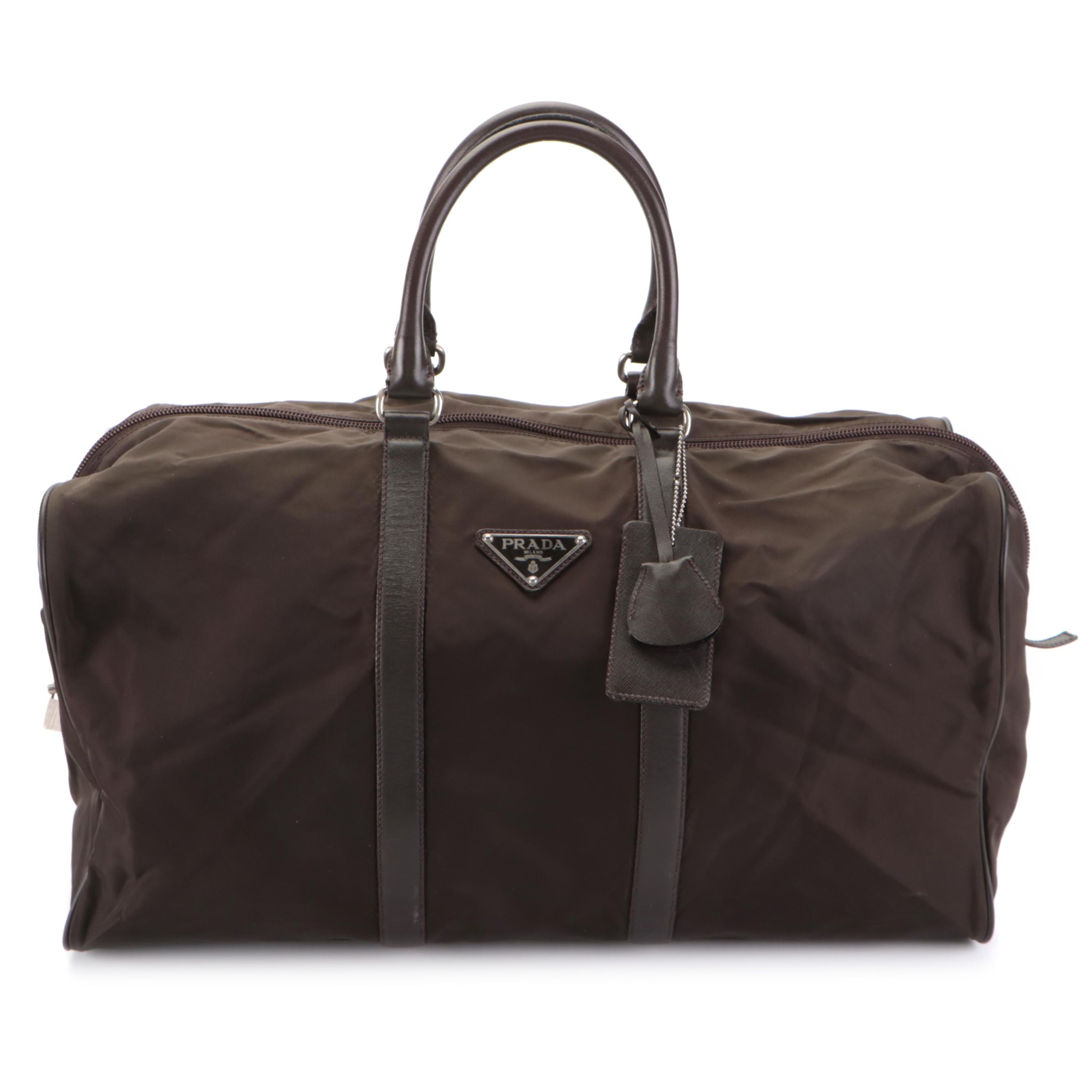 Prada Duffle Travel Bag in Dark Brown Nylon Tessuto and Saffiano Leather