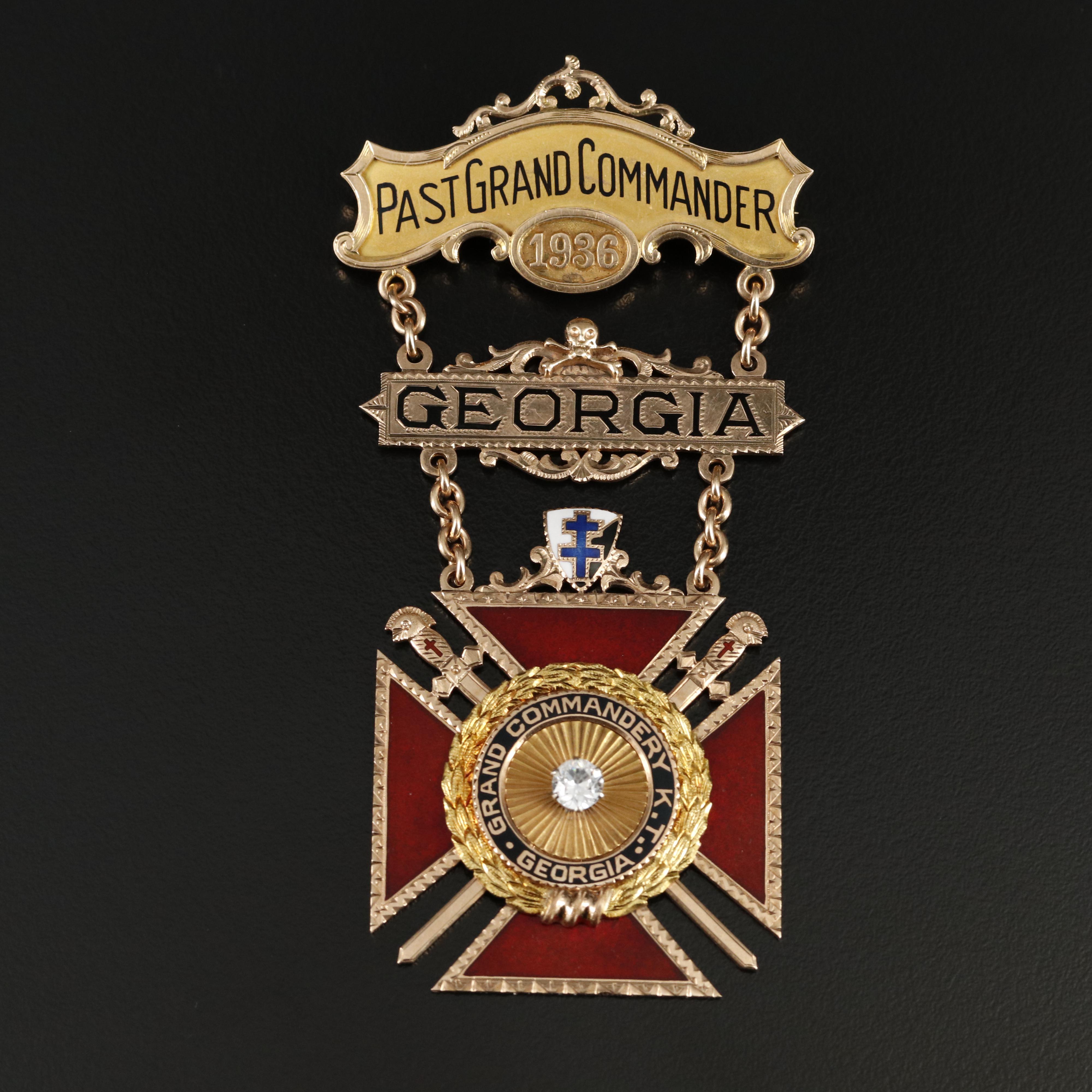 10K Gold Knights Templar of Georgia "Past Grand Commander" Fraternal Jewel Badge