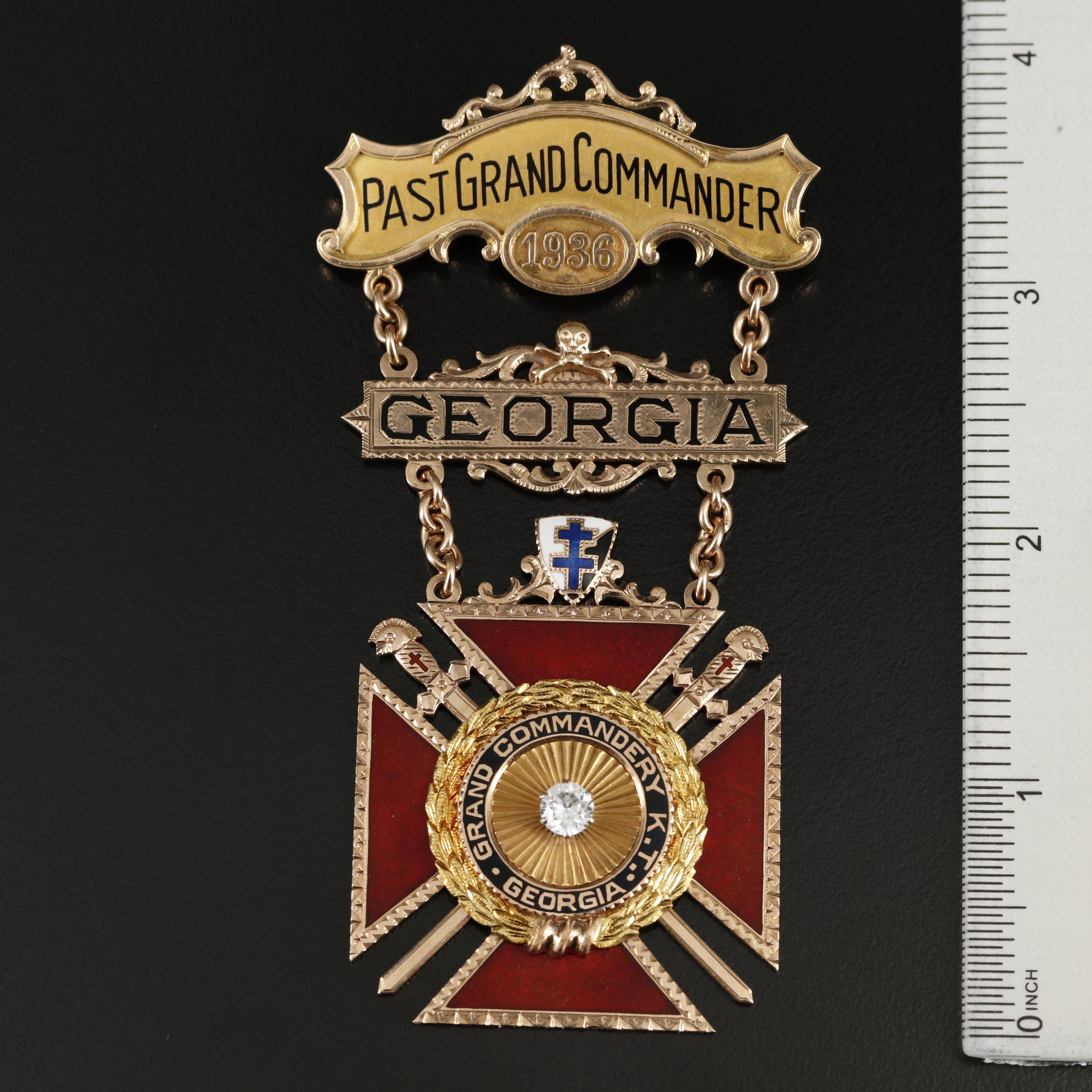 10K Gold Knights Templar of Georgia "Past Grand Commander" Fraternal Jewel Badge