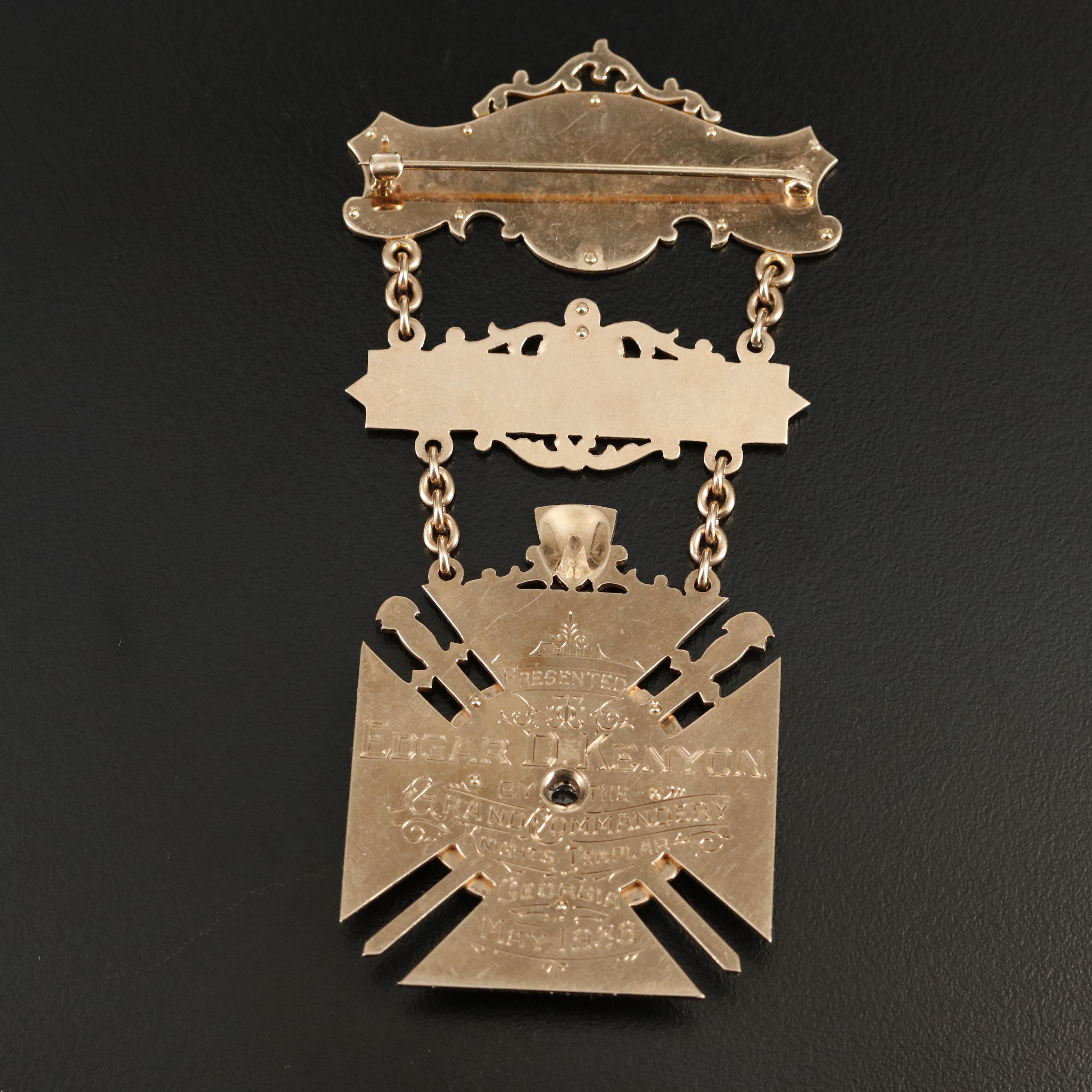 10K Gold Knights Templar of Georgia "Past Grand Commander" Fraternal Jewel Badge