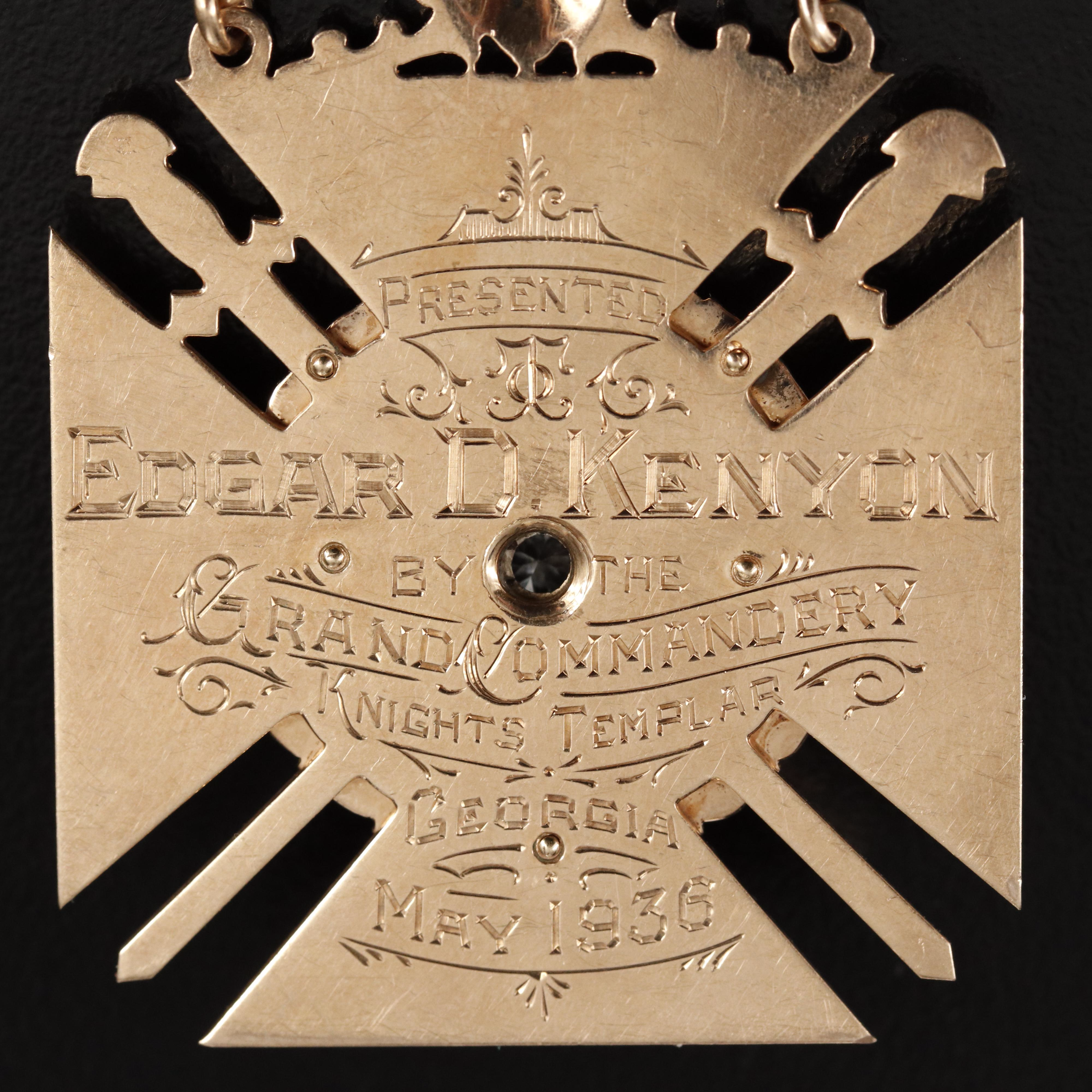 10K Gold Knights Templar of Georgia "Past Grand Commander" Fraternal Jewel Badge