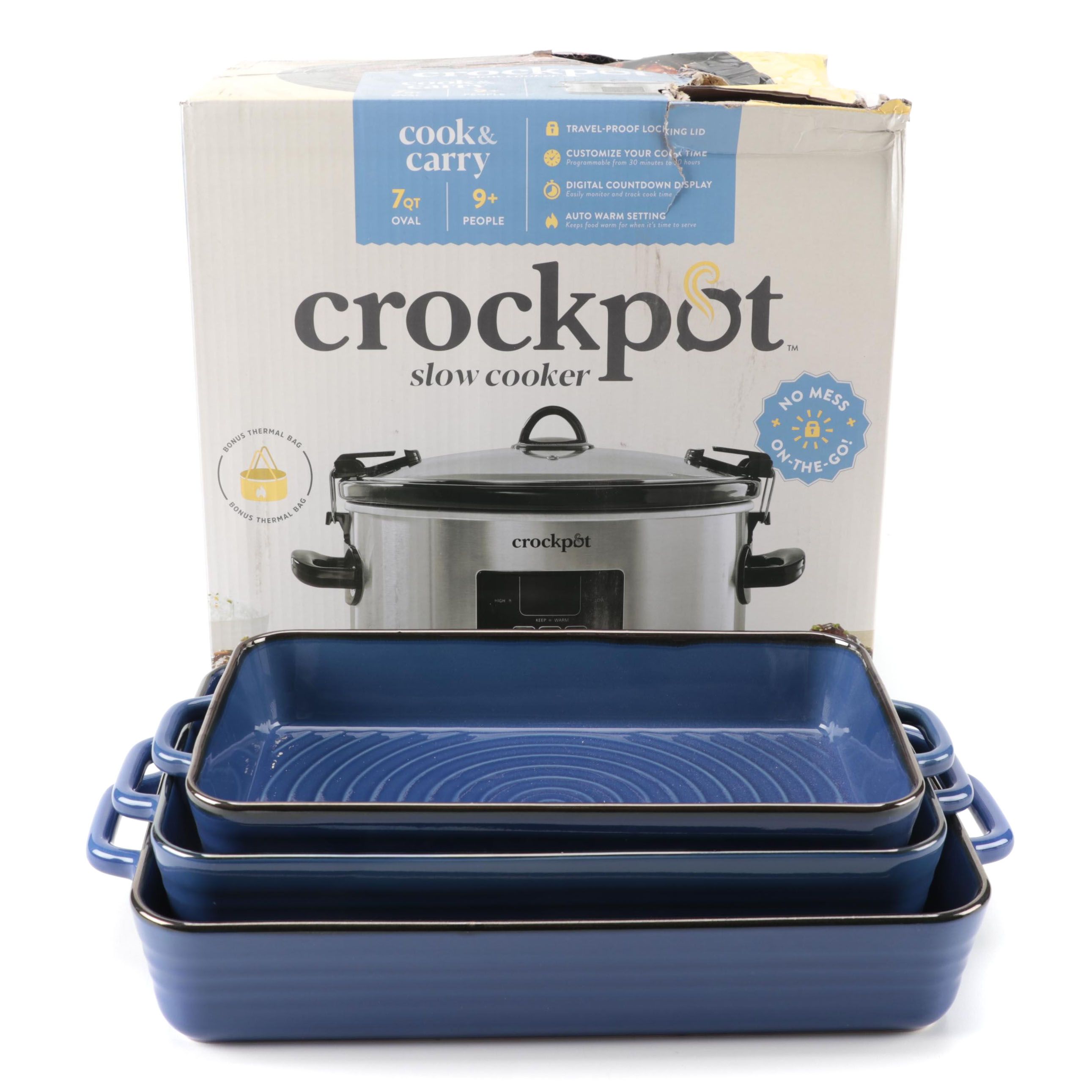 Crock-Pot 7 Qt Cook & Carry™ with Member's Mark Blue Ceramic Bakeware Set