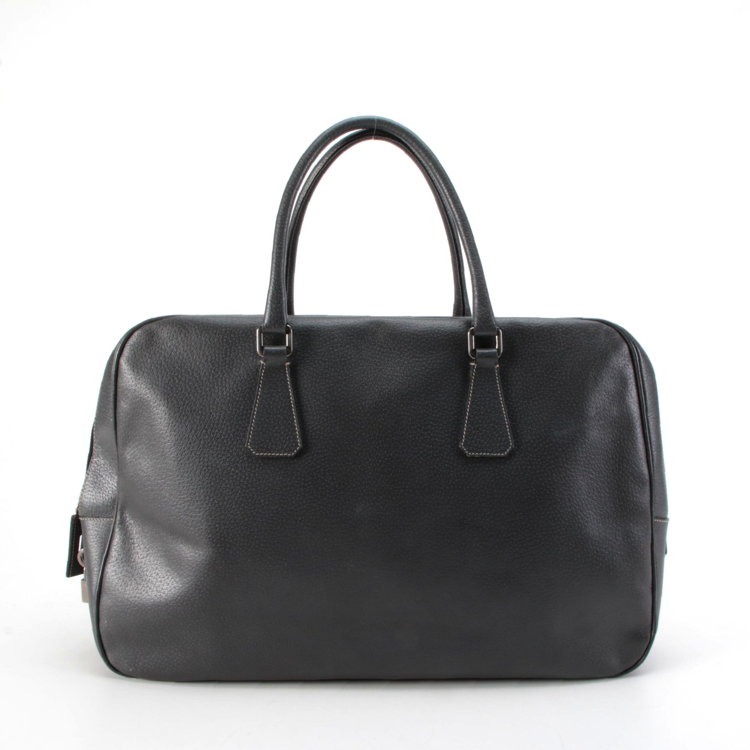 Prada Large Briefcase in Grey Textured Leather with Contrast Stitching