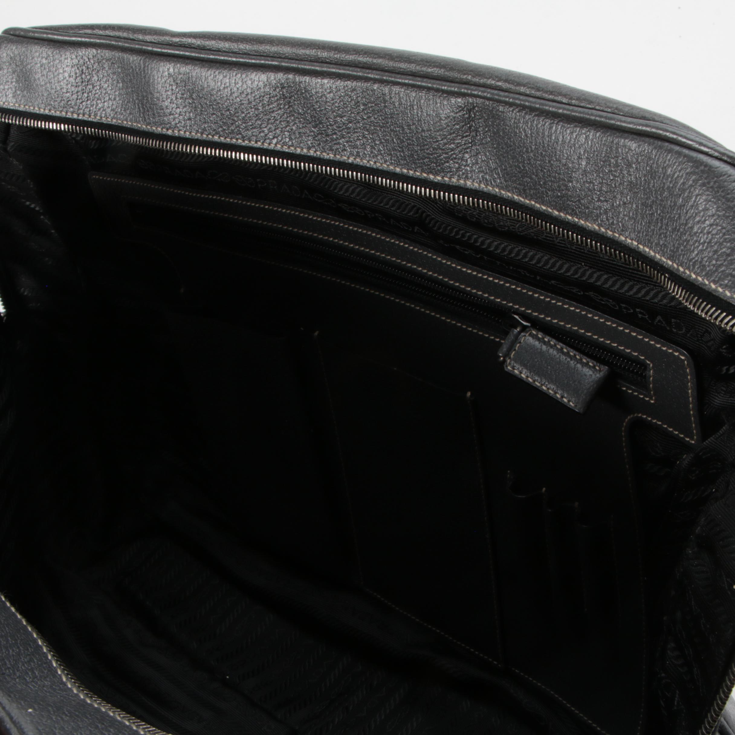 Prada Large Briefcase in Grey Textured Leather with Contrast Stitching