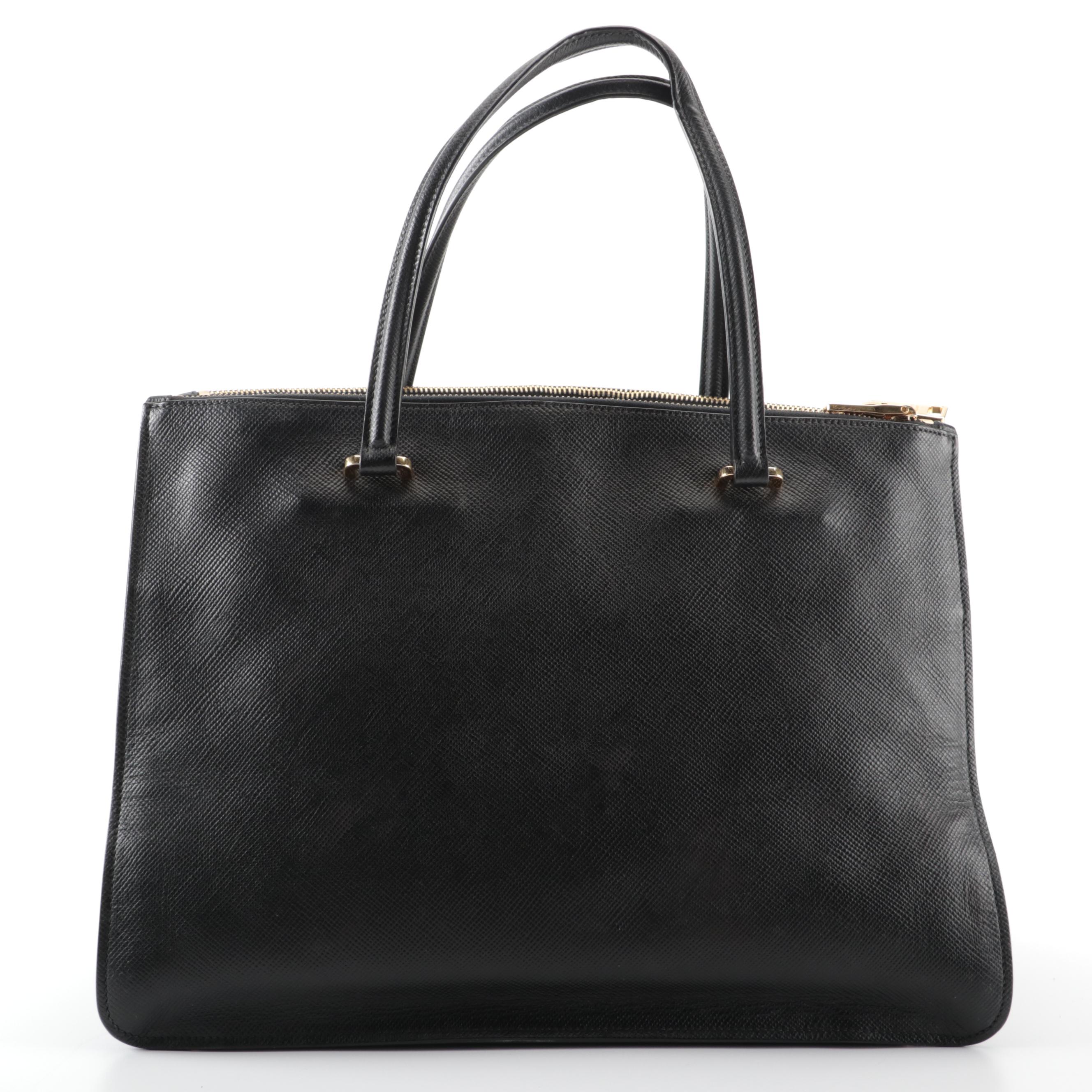Prada Lux Double-Zip Medium Tote Bag in Black Saffiano Leather