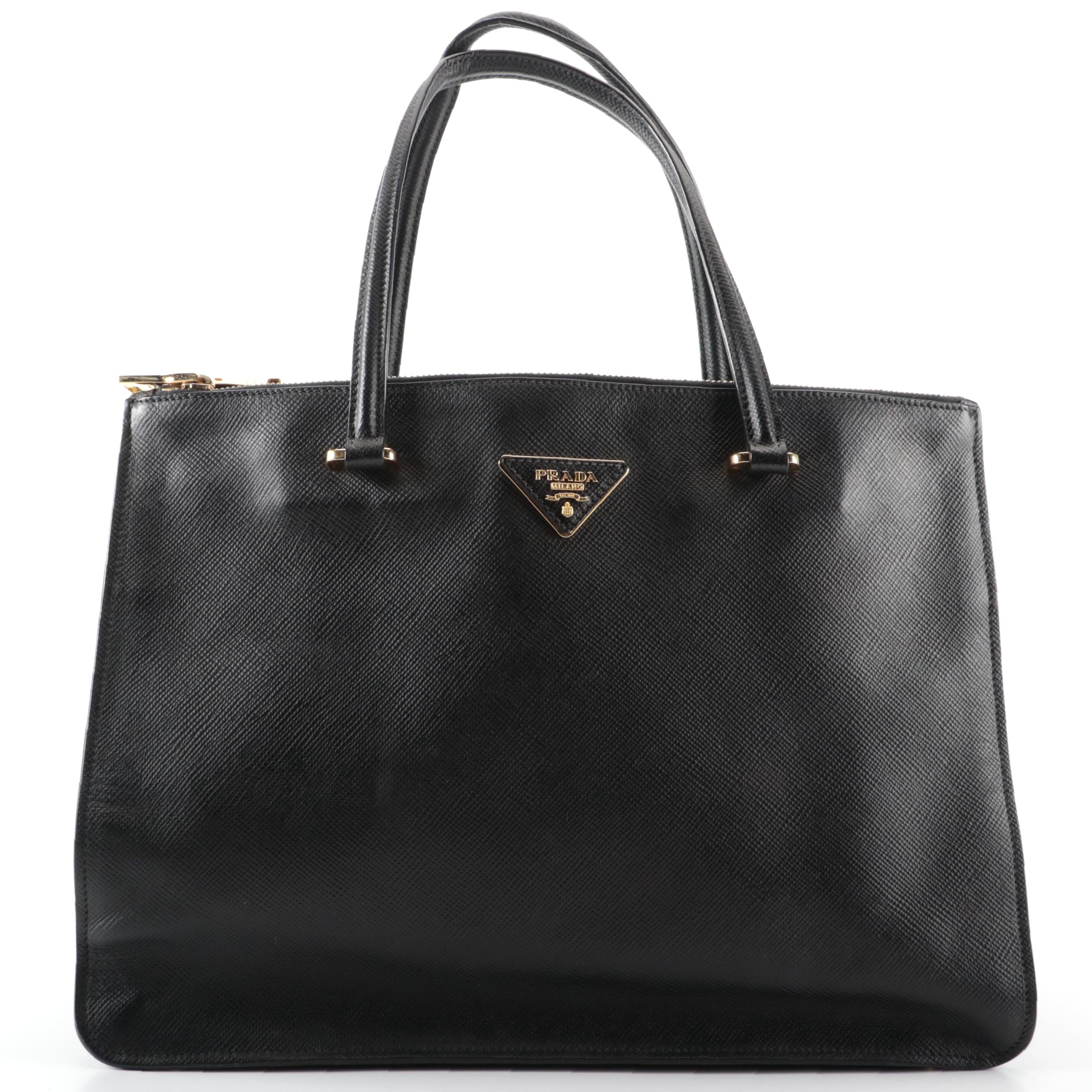 Prada Lux Double-Zip Medium Tote Bag in Black Saffiano Leather
