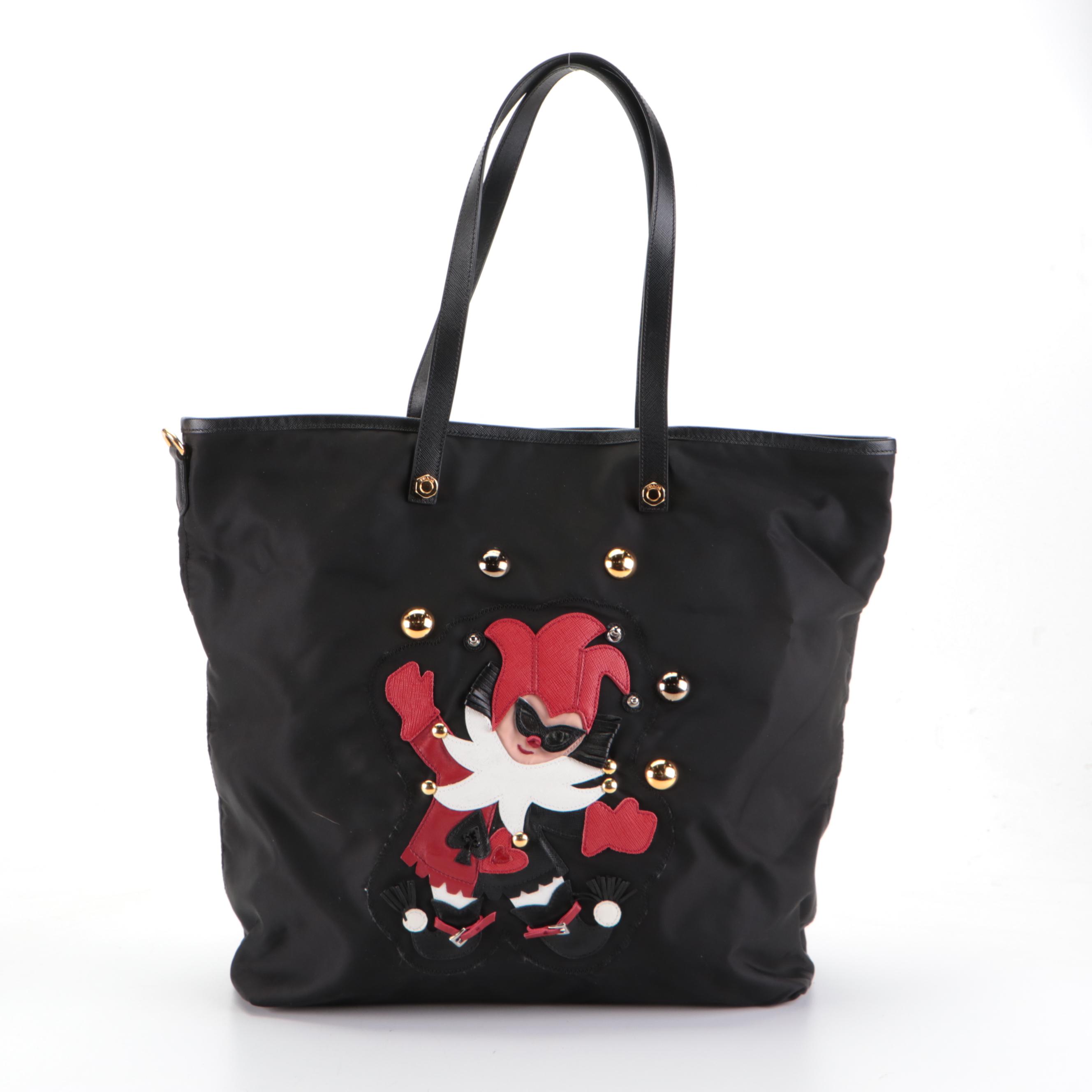 Prada Large Tote in Black Tessuto Nylon with Leather Jester Appliqué