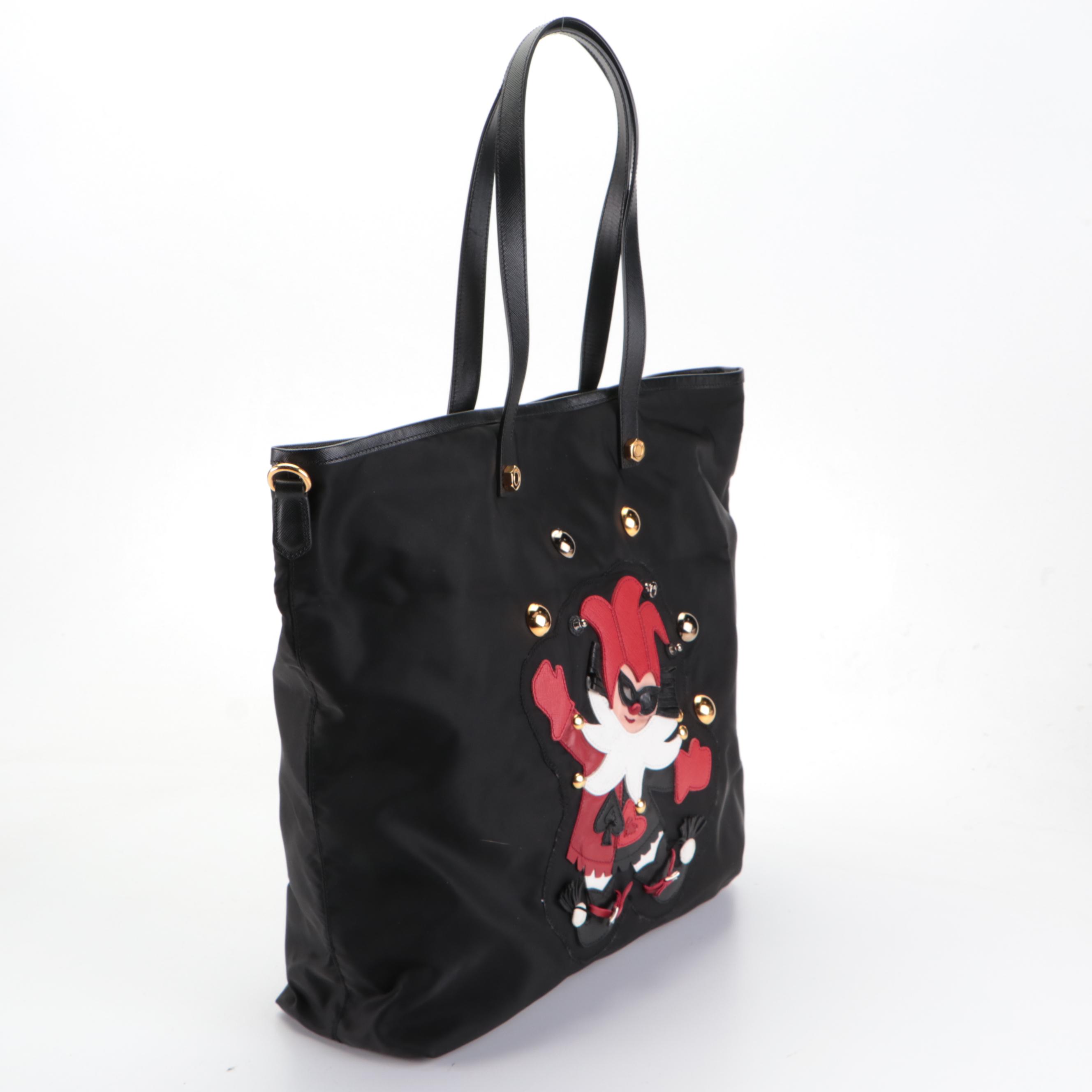 Prada Large Tote in Black Tessuto Nylon with Leather Jester Appliqué