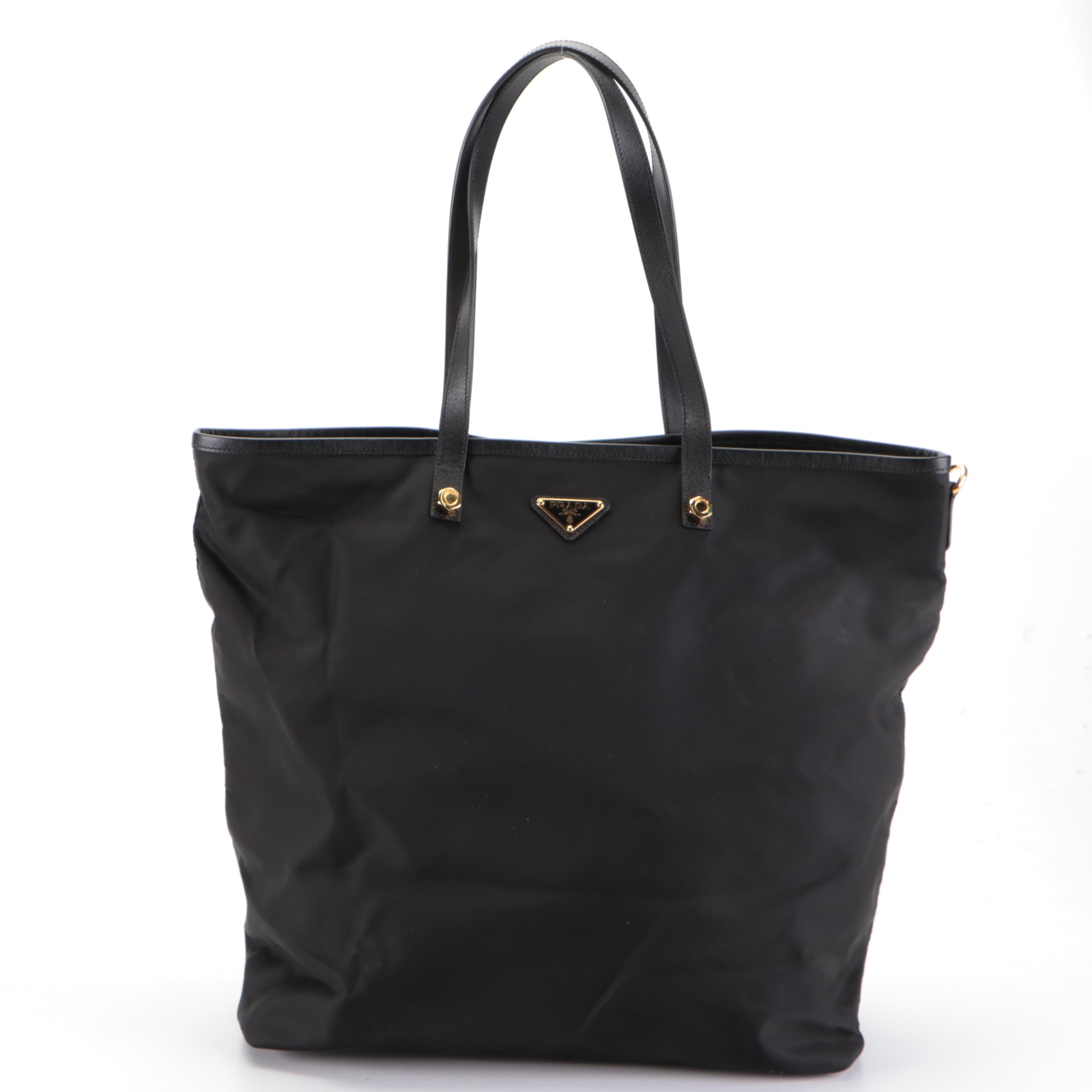 Prada Large Tote in Black Tessuto Nylon with Leather Jester Appliqué