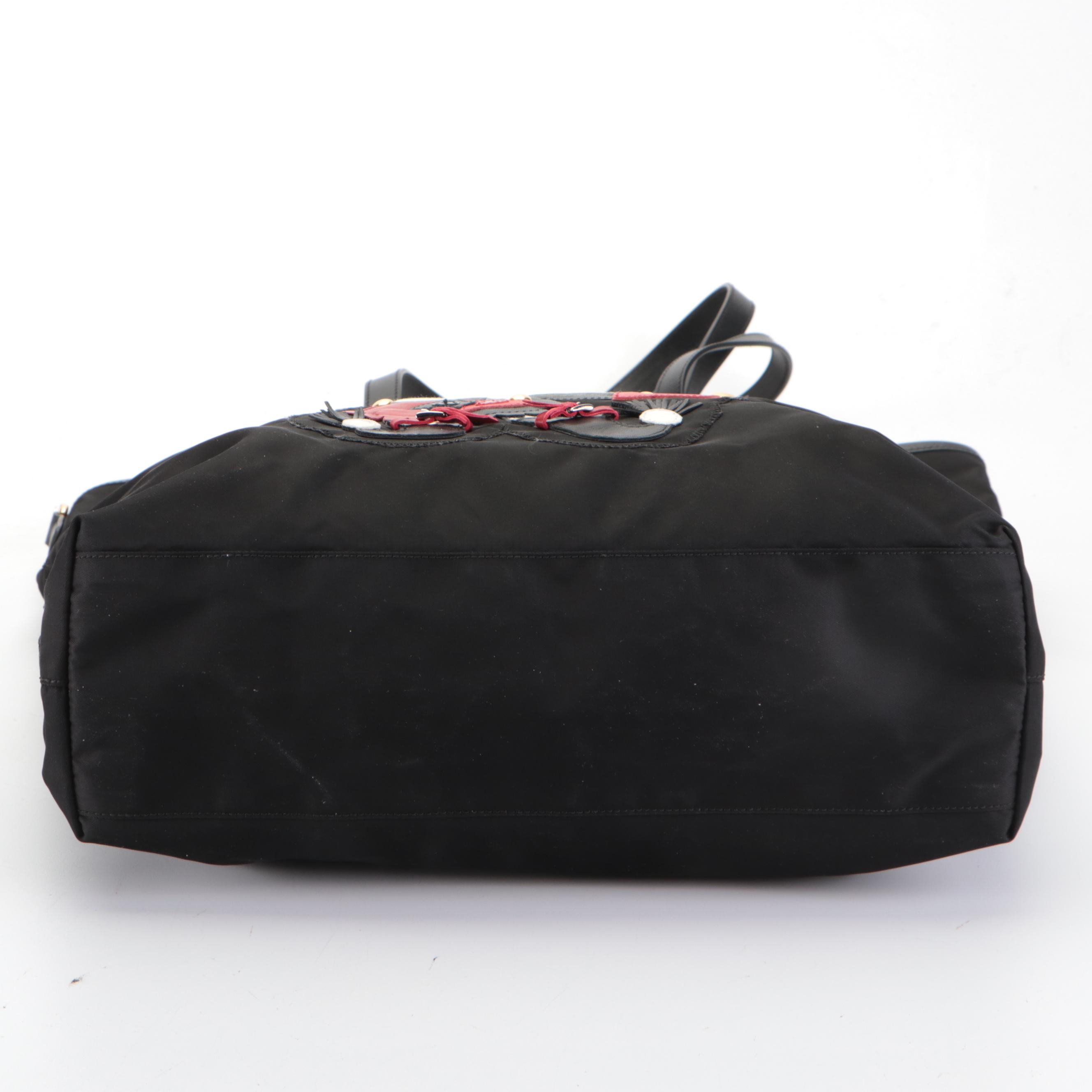 Prada Large Tote in Black Tessuto Nylon with Leather Jester Appliqué