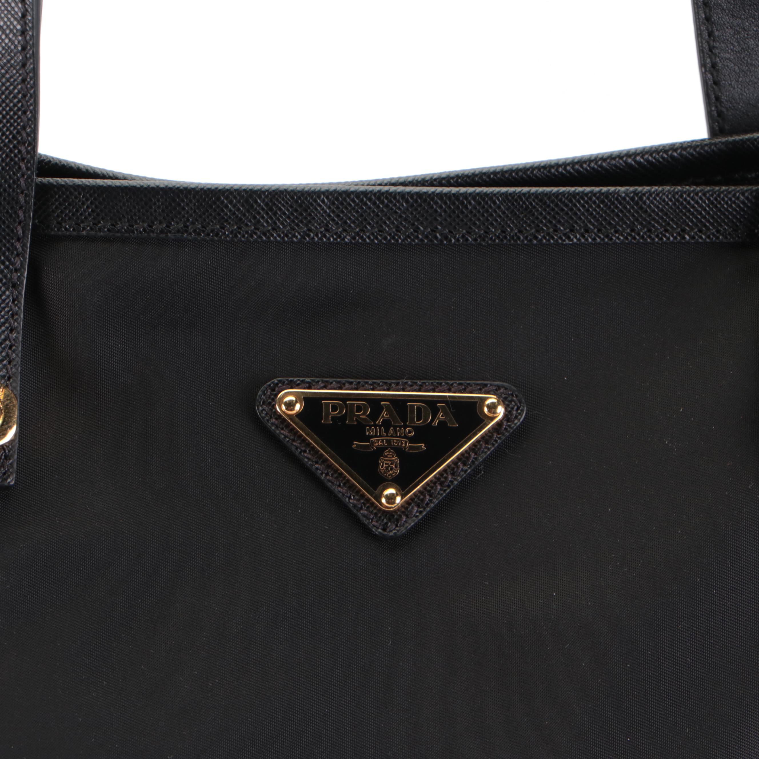 Prada Large Tote in Black Tessuto Nylon with Leather Jester Appliqué