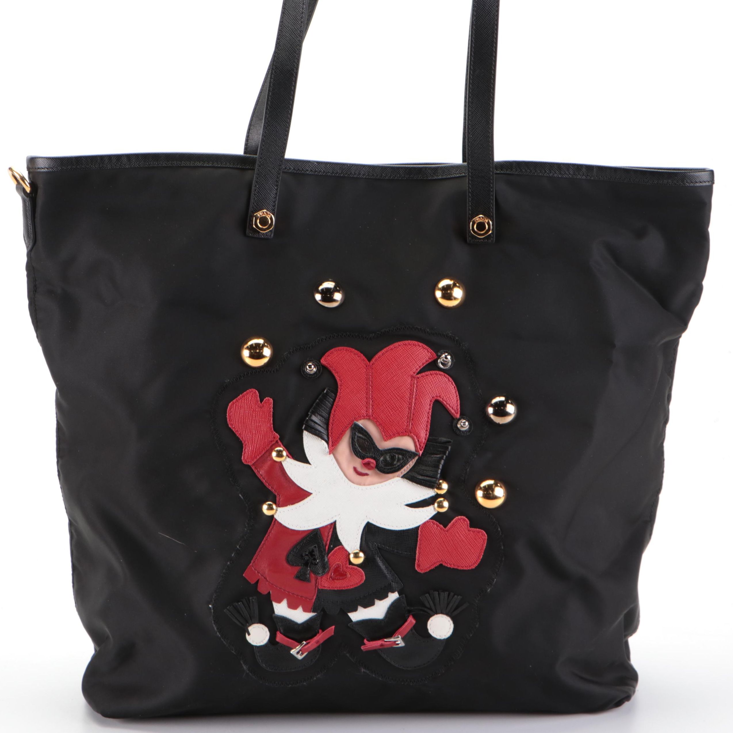 Prada Large Tote in Black Tessuto Nylon with Leather Jester Appliqué