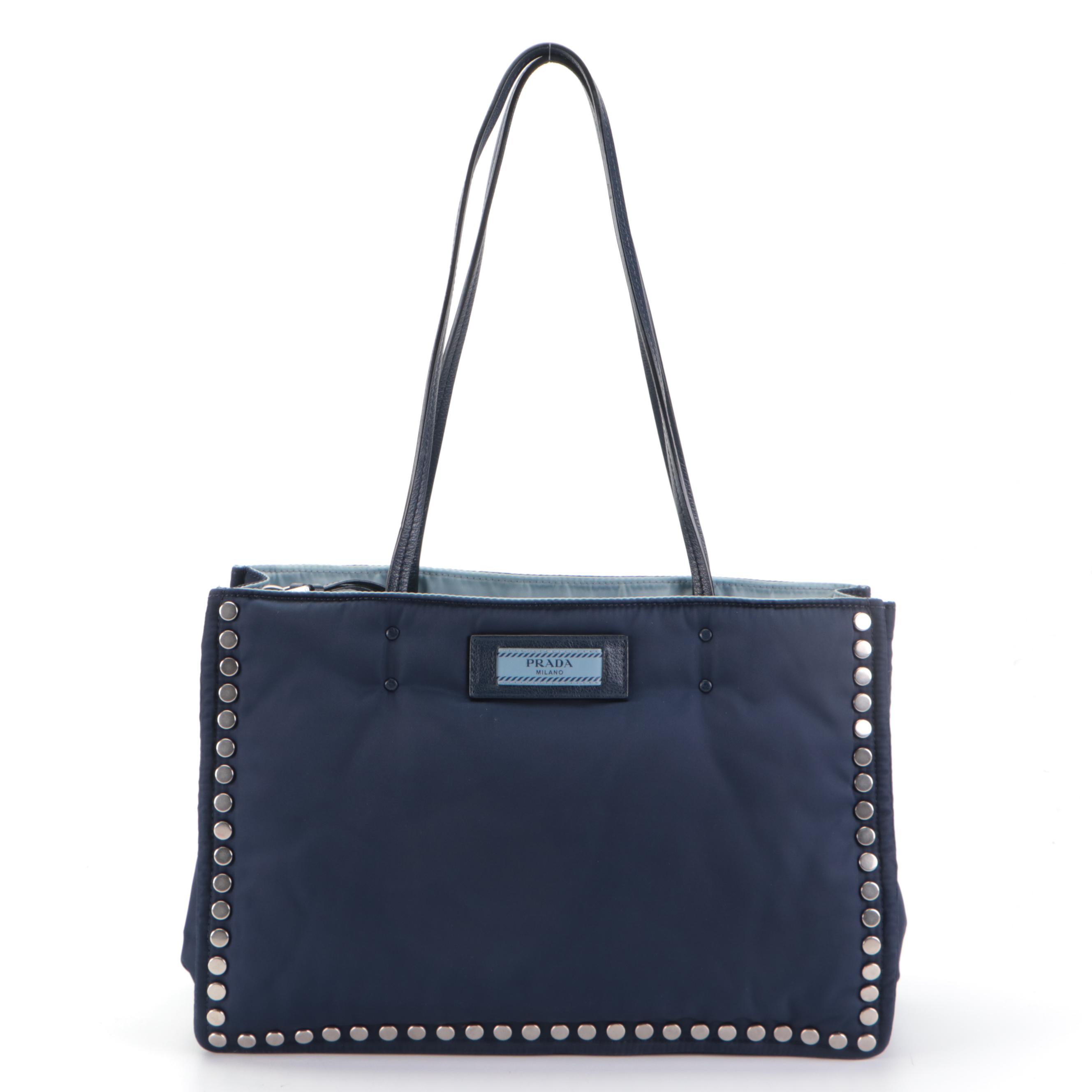 Prada Etiquette Tote in Studded-Padded Dark Blue Nylon Tessuto and Leather Trim