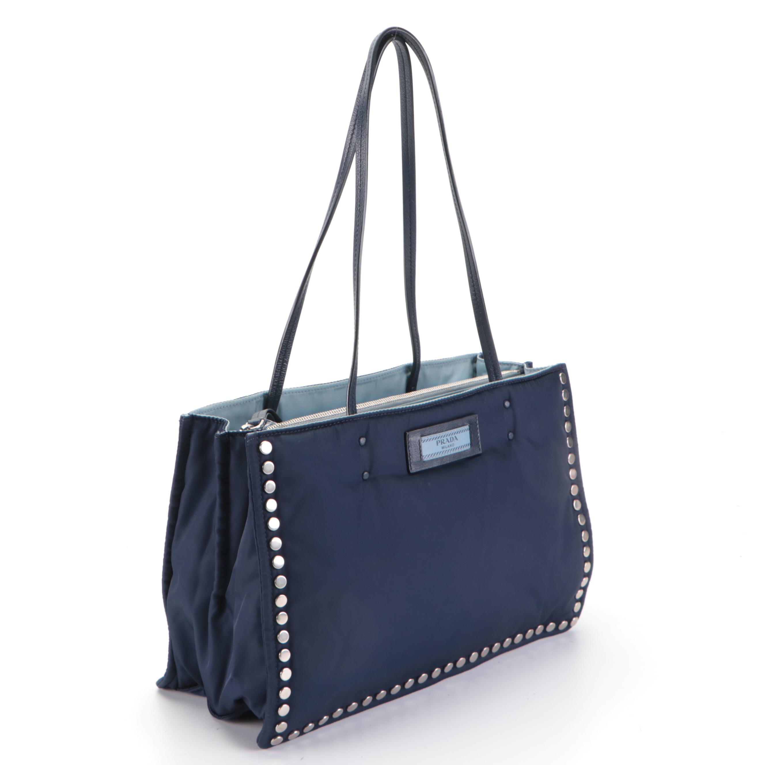 Prada Etiquette Tote in Studded-Padded Dark Blue Nylon Tessuto and Leather Trim