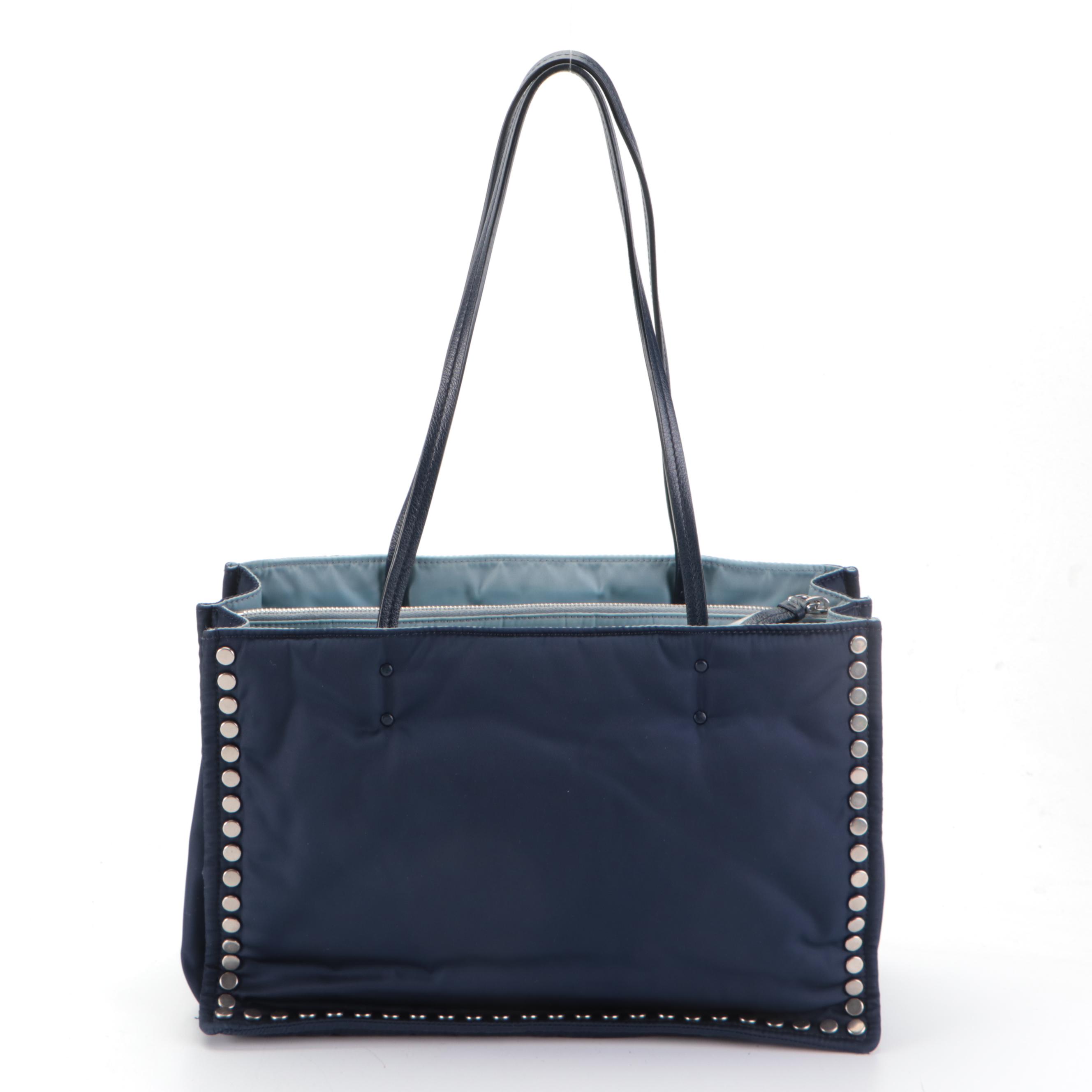 Prada Etiquette Tote in Studded-Padded Dark Blue Nylon Tessuto and Leather Trim