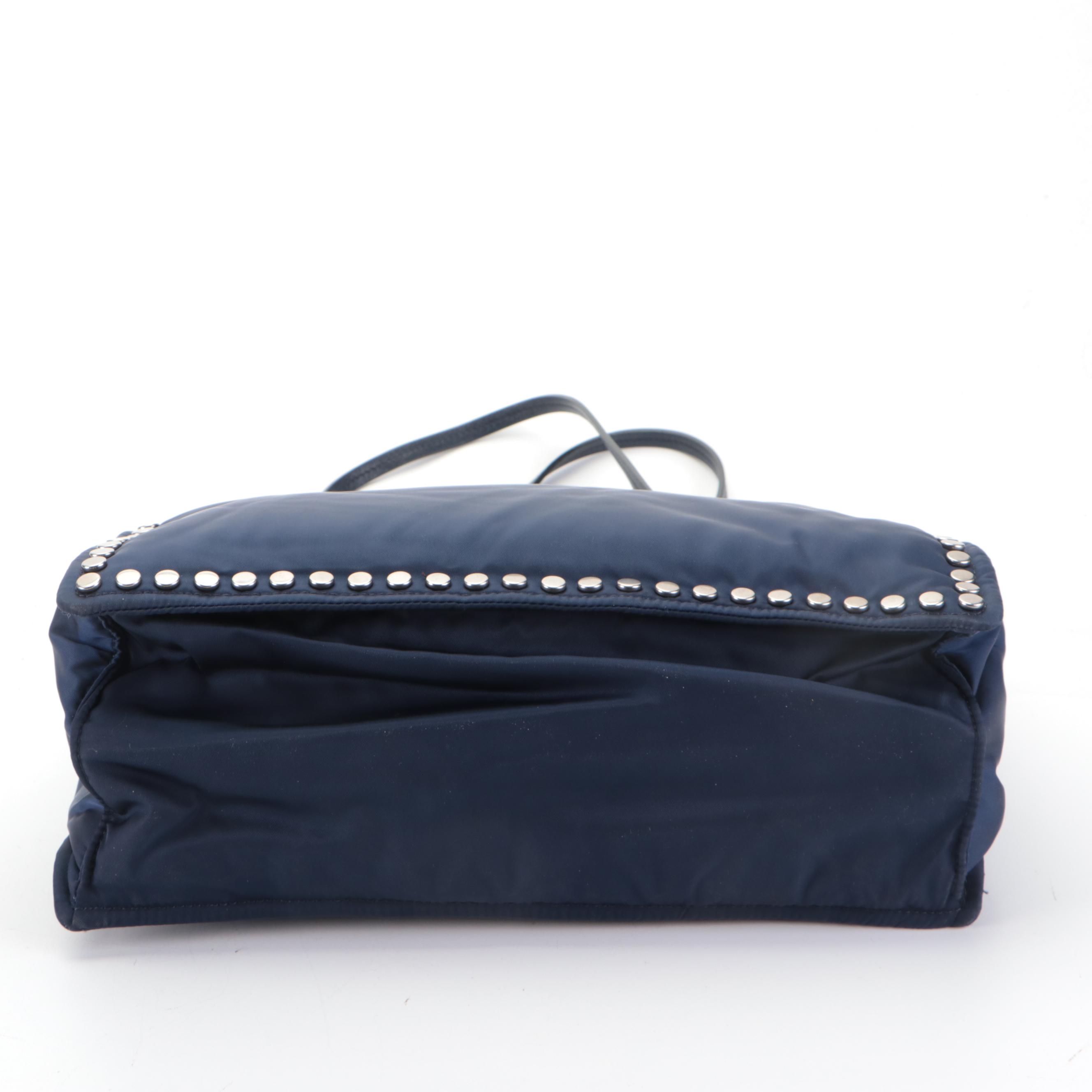 Prada Etiquette Tote in Studded-Padded Dark Blue Nylon Tessuto and Leather Trim