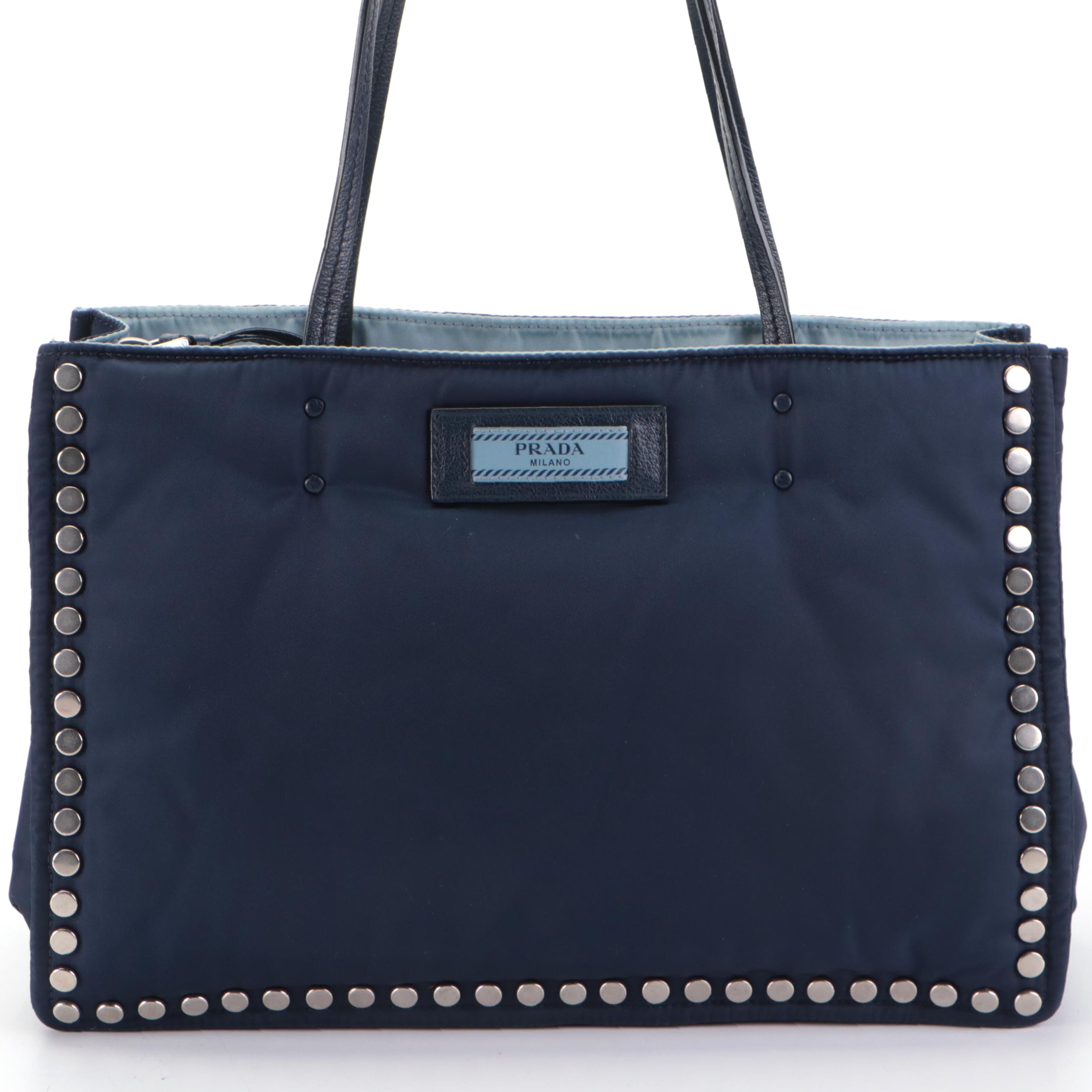 Prada Etiquette Tote in Studded-Padded Dark Blue Nylon Tessuto and Leather Trim