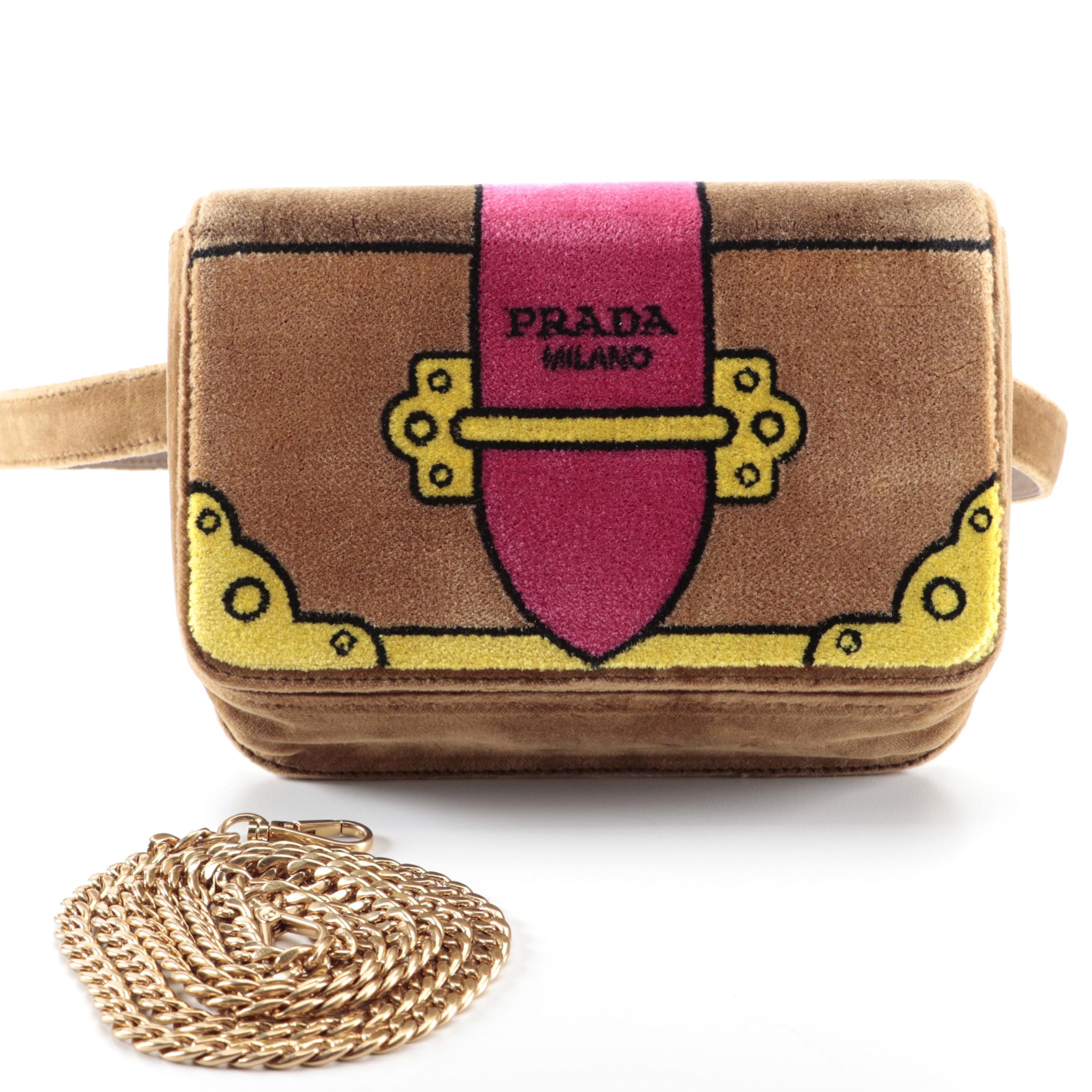 Prada Trompe L'oeil Cahier Belt Bag in Printed Velvet with Chain Strap