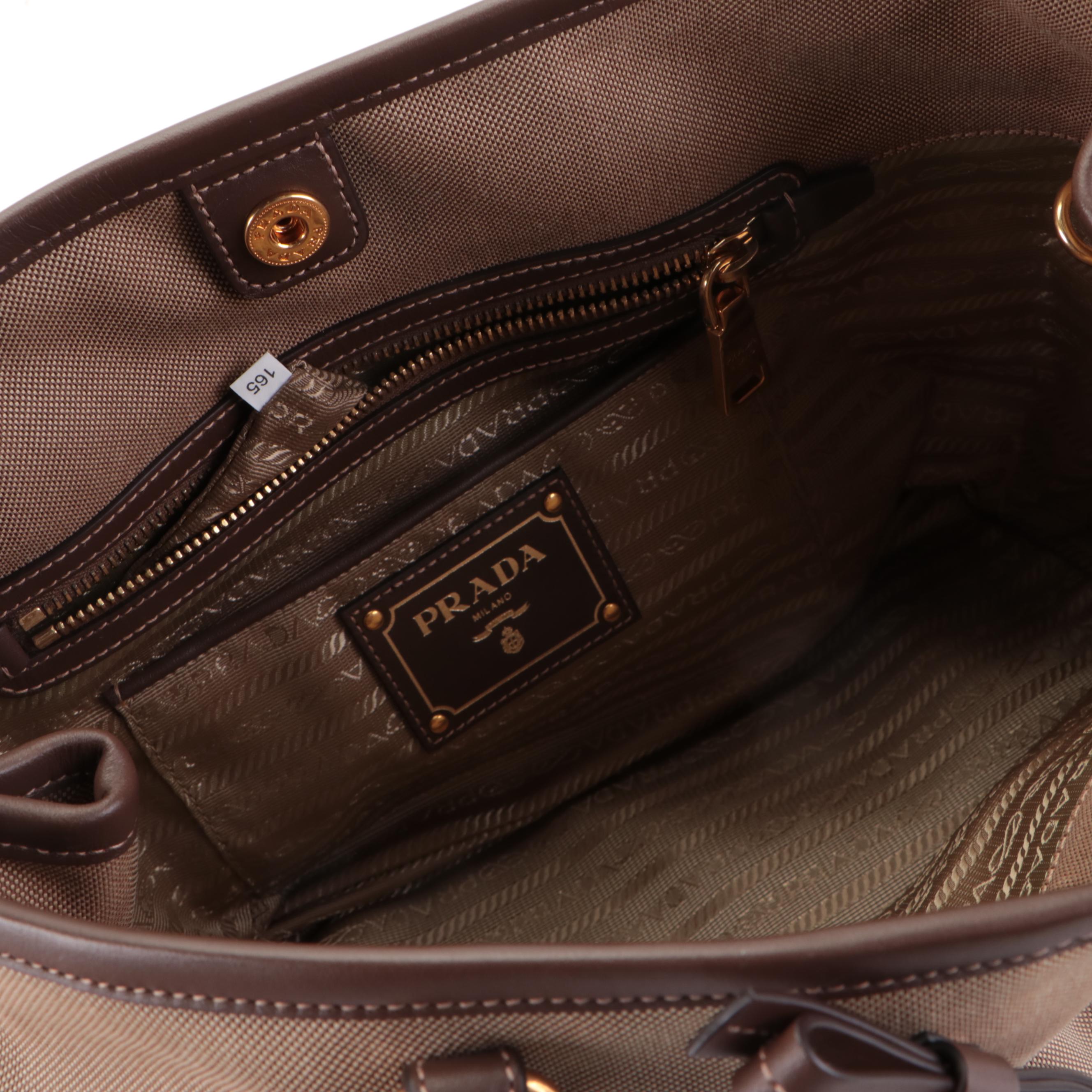 Prada Convertible Tote in Logo Canvas with Brown Leather Trim