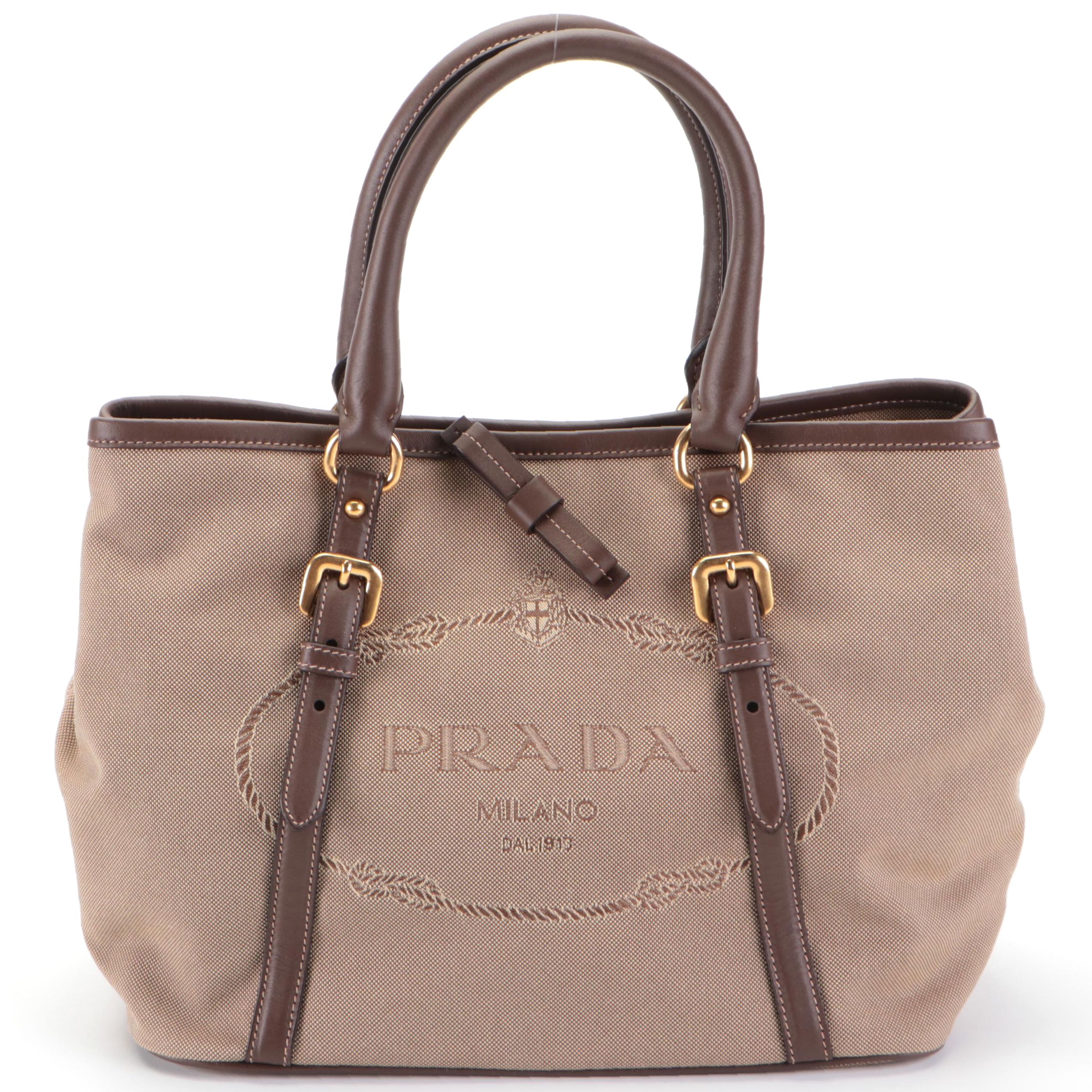 Prada Convertible Tote in Logo Canvas with Brown Leather Trim