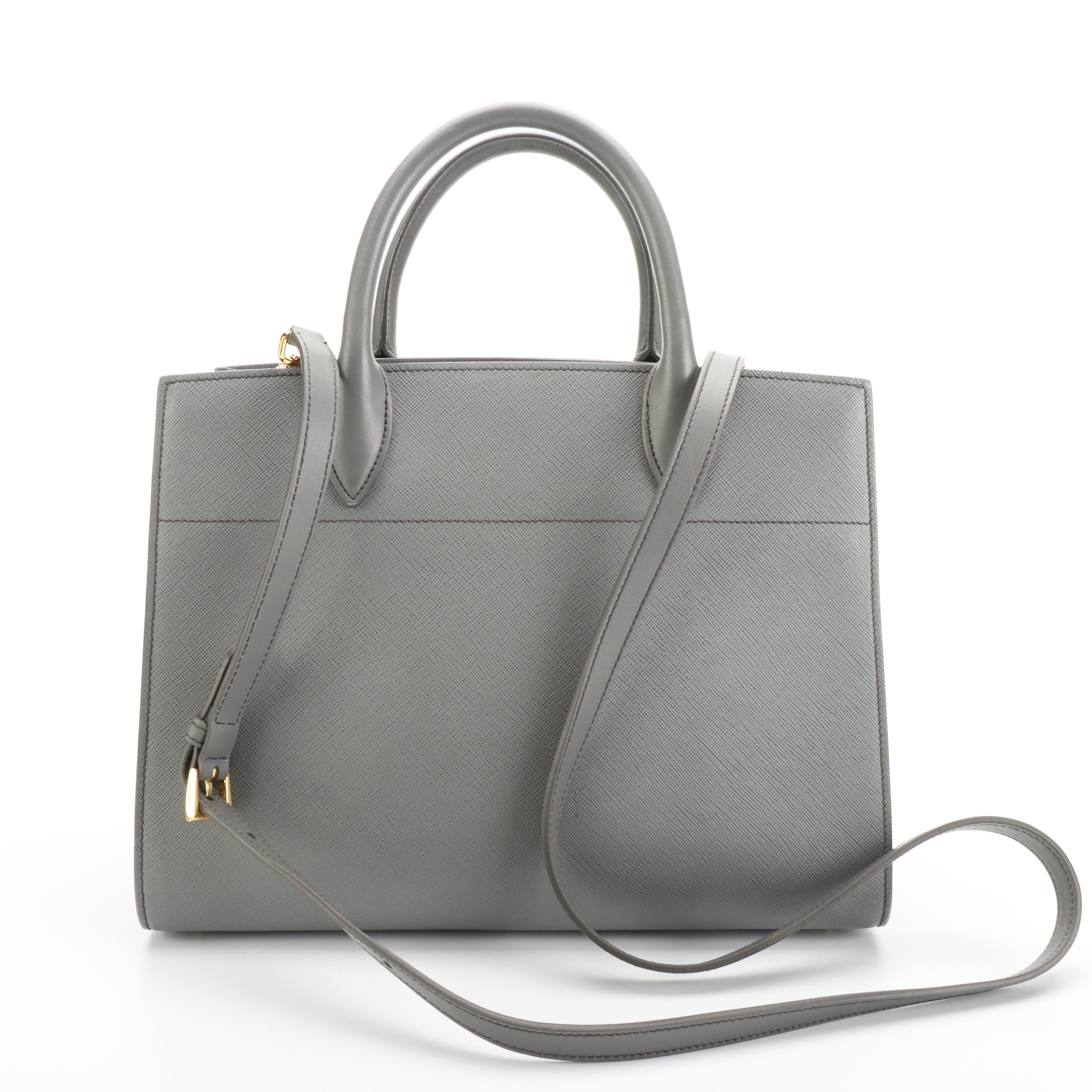 Prada Medium Bibliothèque Tote in Grey Saffiano and Smooth Calfskin Leather