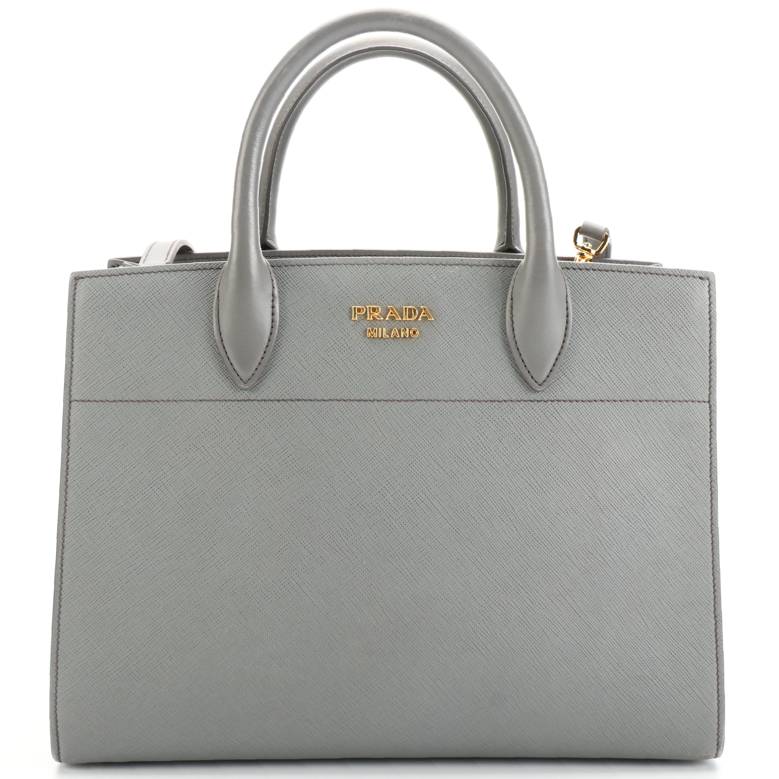 Prada Medium Bibliothèque Tote in Grey Saffiano and Smooth Calfskin Leather