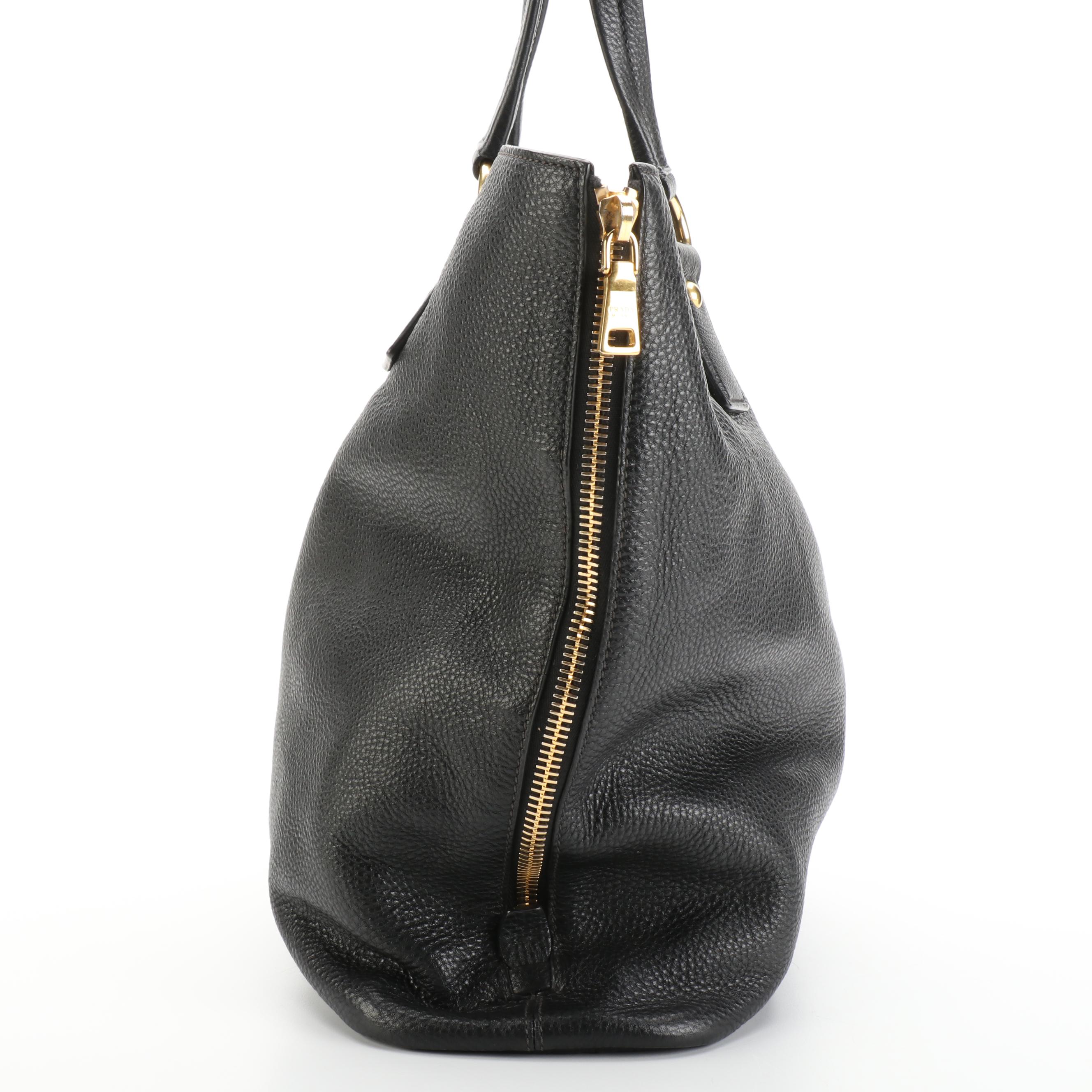 Prada Zip-Side Large Shoulder Tote Bag in Black Vitello Daino Leather